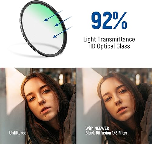 Vista 164 de NEEWER Difusión negra de 3.031 in, 1 filtro de niebla de ensueño, filtro de efecto cinematográfico, ultra delgado, repelente al agua, resistente a