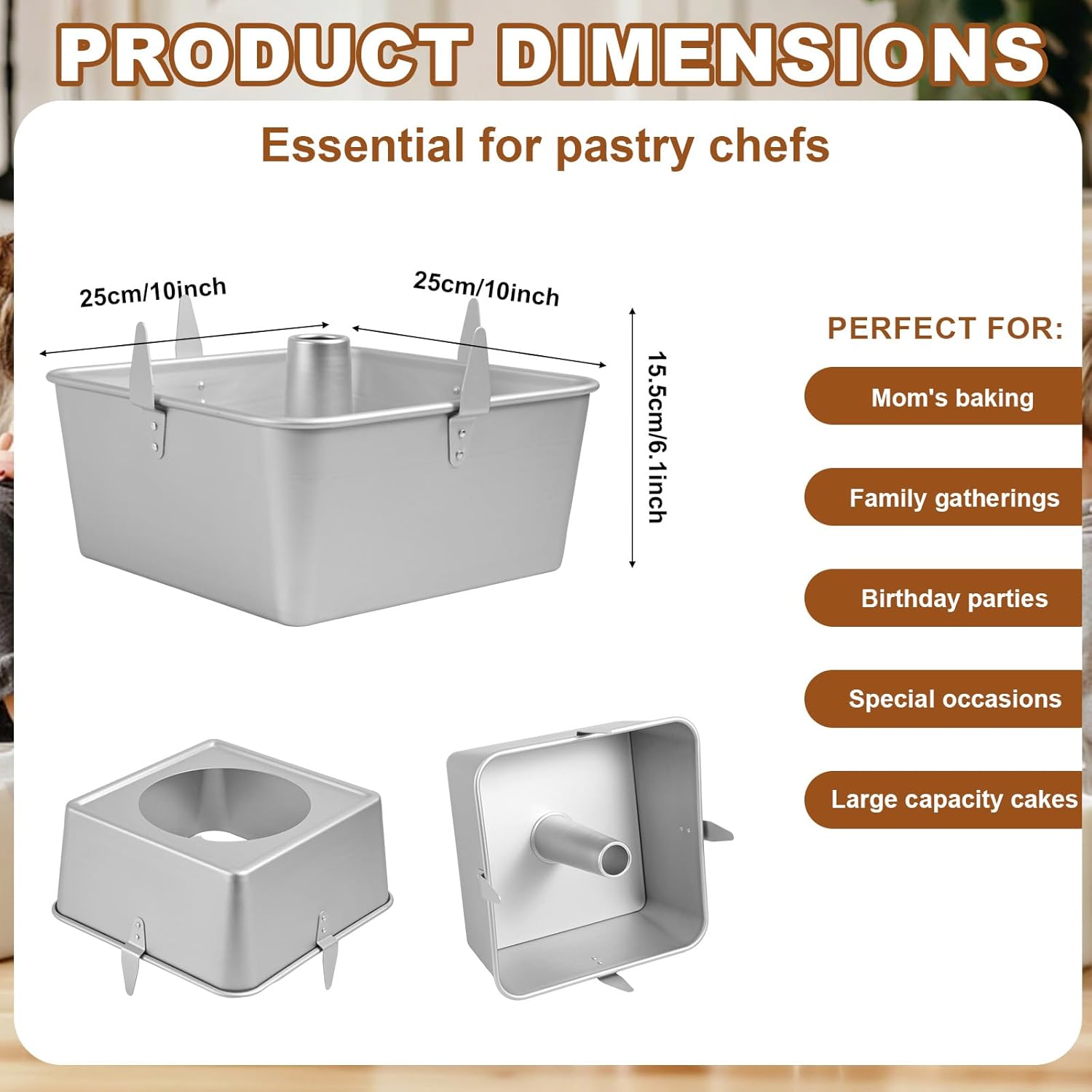 Square Tube Cake Pan, Aluminum Alloy Premium Square Angel Food Cake Mold with Removable Bottom Baking Supplies for Chiffon & Pound Cake Home Baking Wedding Desserts (Silver)
