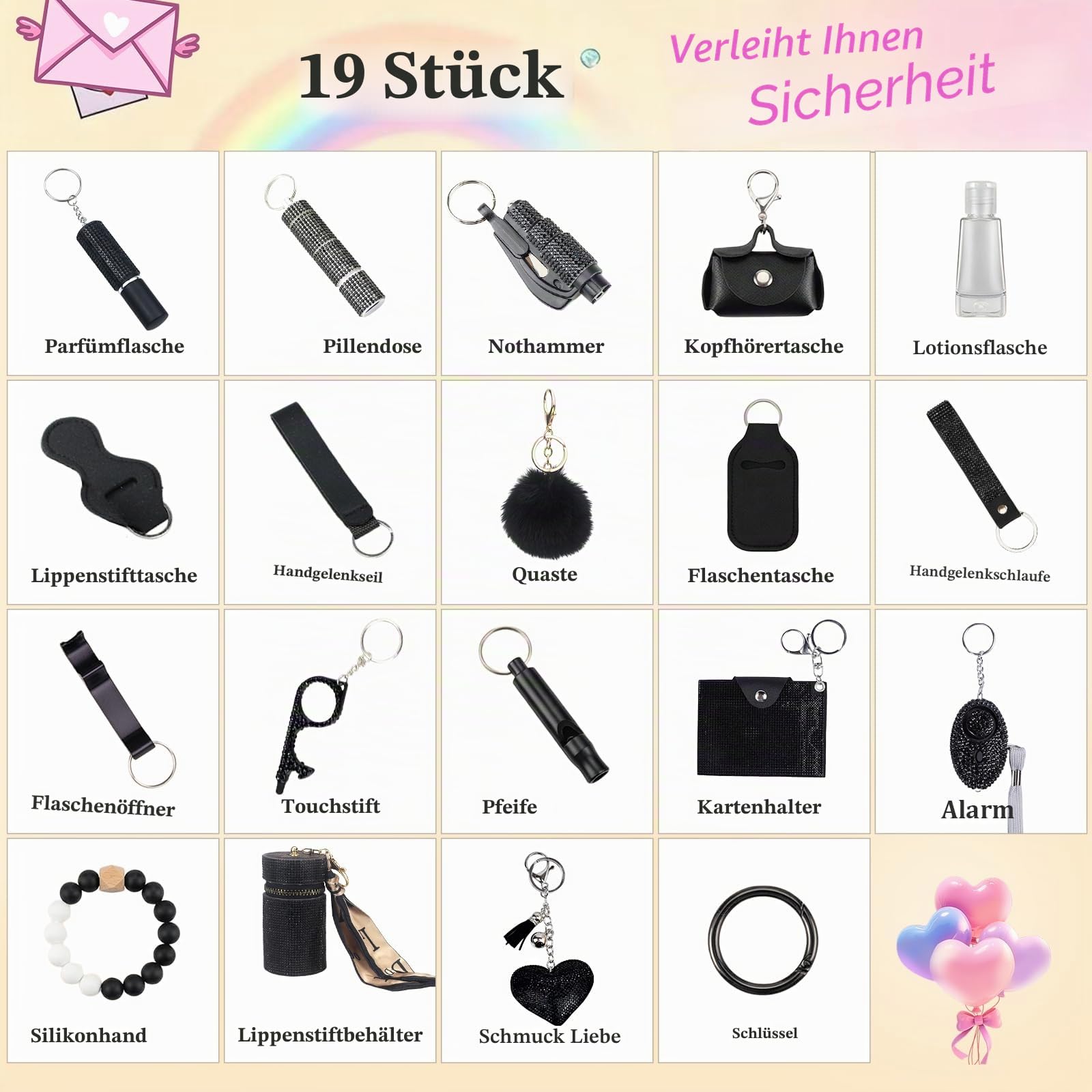 Sicherheits-Schlüsselanhänger-Set für Frauen, Armband Wristlet Schlüsselanhänger für Mädchen, Pfeife und Pompon, Schwarz, Standard