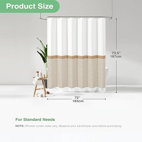 Vista 73 de Dynamene Cortina de ducha de tela marrón, cortinas de ducha con borlas a rayas bohemias para baño, juego de cortina de ducha de tela texturizada