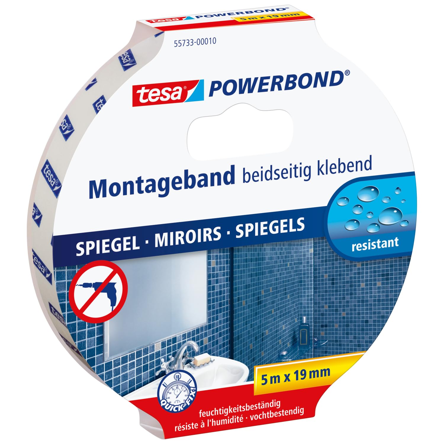 tesa Powerbond MIRROR - Doppelseitiges Montageband zur Fixierung von Spiegeln - Feuchtigkeitsbeständiges Klebeband für Bad und Dusche - 5 m x 19 mm