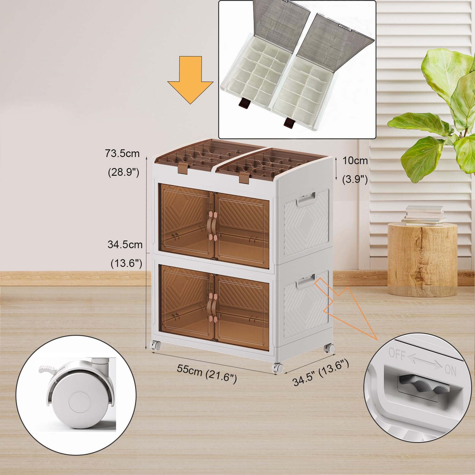 Scatola di stoccaggio in plastica con coperchio, organizer pieghevole da 72 l, unità di stoccaggio impilabile con ruote, scatole di stoccaggio con porta apribile per cucina, bagno interno ed esterno