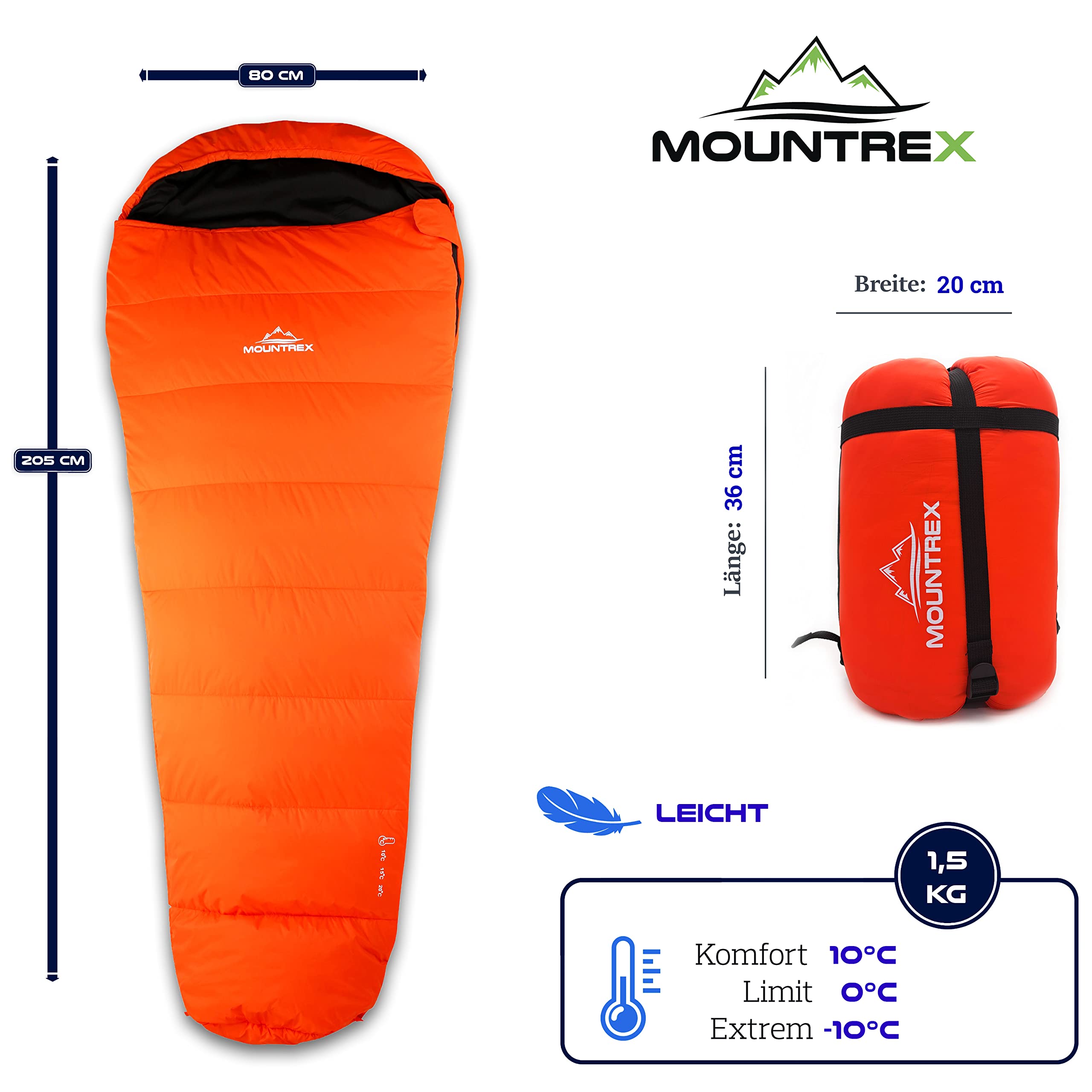 MOUNTREX® Śpiwór – ciepły i lekki (1500 g) – 3-4 pory roku śpiwór do spania na zewnątrz (-10°C / 0°C / 10°C) – kemping, podróże, dorosły, kompaktowy rozmiar (36 x 20 cm) – z możliwością podłączenia