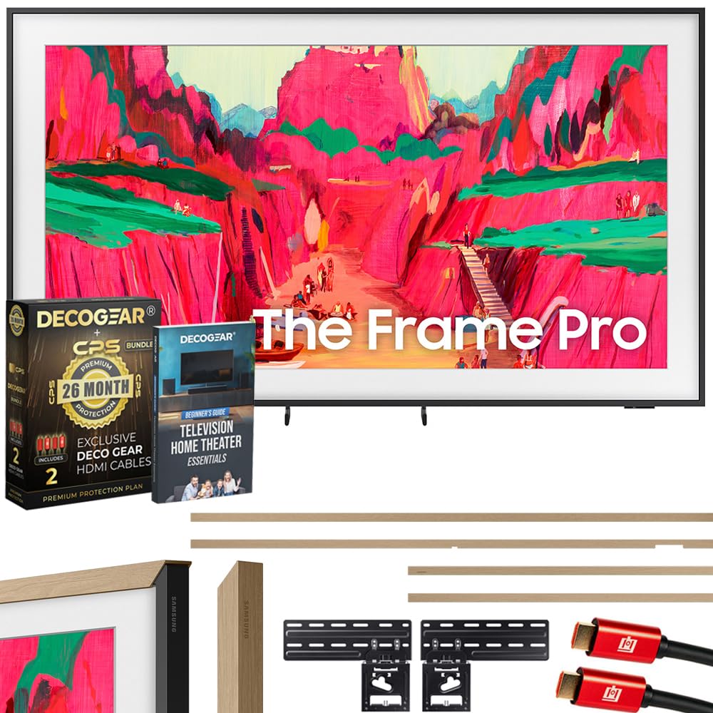Photo 1 of ** MAJOR DAMAGE TO SCREEN. SELLING FOR PARTS.**Samsung 85" The Frame Pro LS03FW 4K Neo QLED TV (2025) Bundle with Modern Teak Bezel, CPS 26 Month Protection, Slim Flat Mount, 2X HDMI Cables & Deco Gear Complete Home Theater Beginner's Guidebook
