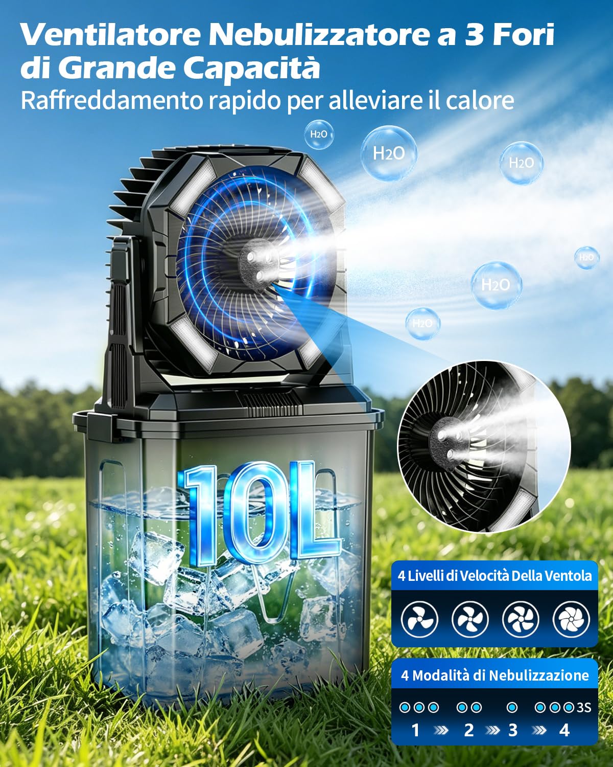yAyusi 10L Grandi Ventilatore Nebulizzatore Portatile per Esterni con Luce RGB, 3-in-1 20000mAh Ventilatore Ricaricabile con Telecomando e Timer,4 Velocità Vento 4 Modalità Spruzzo per Patii/Camp/Golf