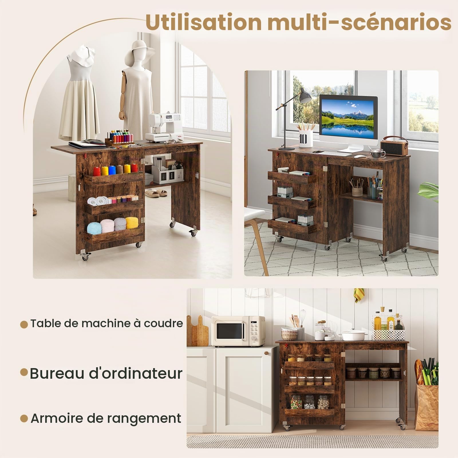 FANTASK Table de Couture et Bureau Pliable avec 3 étagères, Armoire de Machine à Coudre 2 en 1 pour bobines et roulettes verrouillables, Armoire à Couture en Bois pour Bureau, Salon et Chambre à