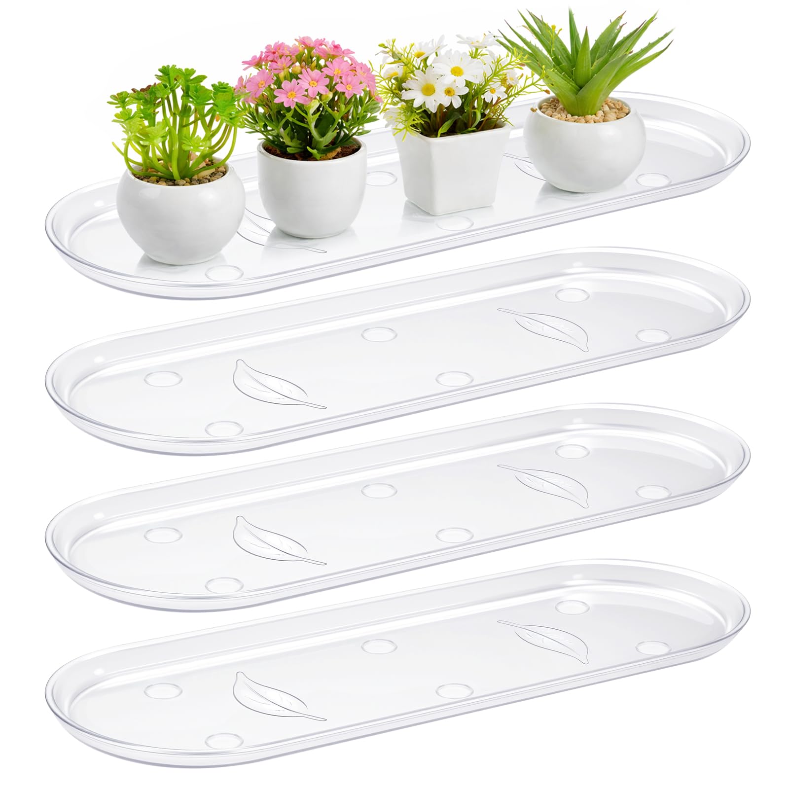 4 Pcs 17.7 x 6.1 Inch Plant Trays, Plastic Saucers for Window Sills, Clear