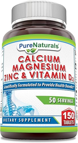 Pure Naturals Suplemento de calcio y magnesio y zinc con vitamina D3 | Calcio 1000 mg, magnesio 400 mg, zinc 25 mg, vitamina D3 600 UI | Sin OMG |