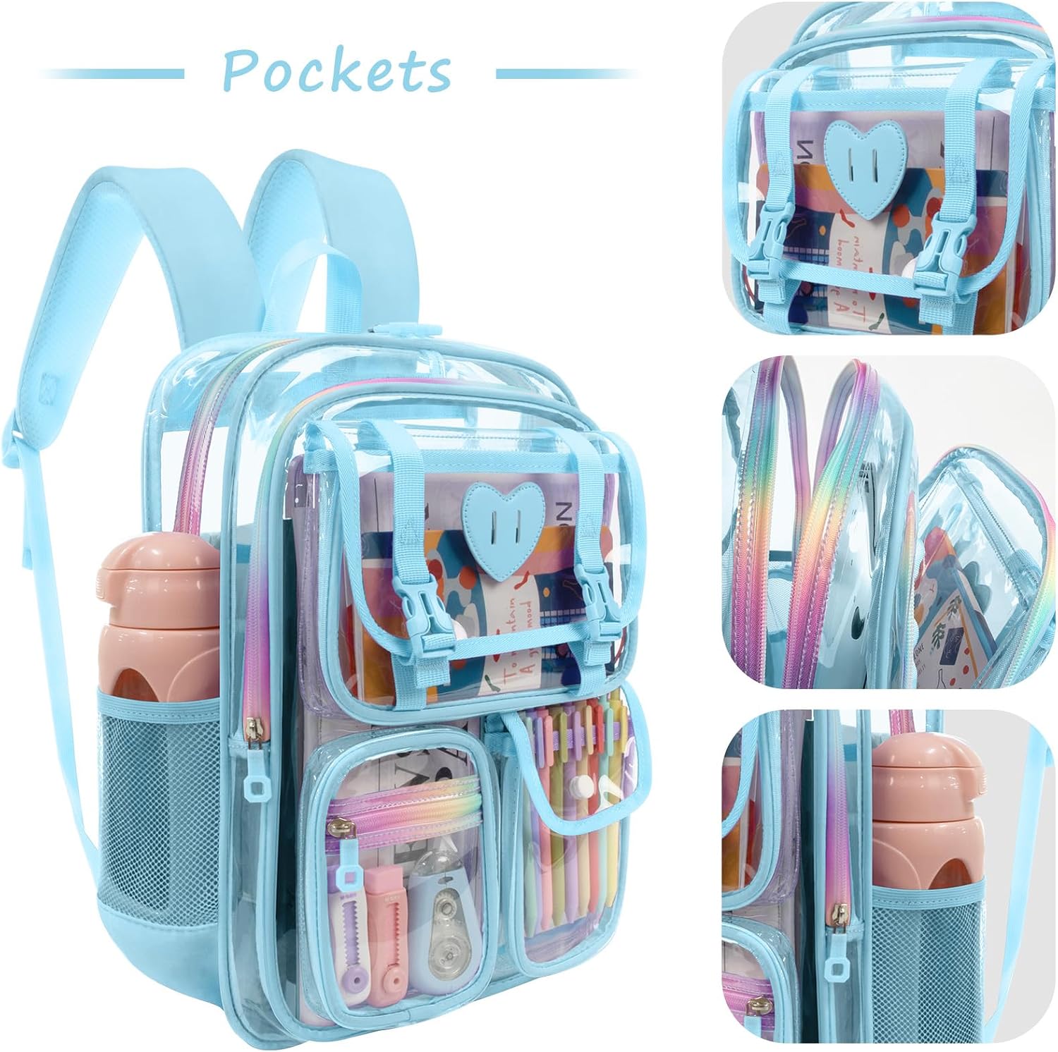 Clear Backpack for Girls Women Heavy Duty Transparent Bookbag School Backpack with Mesh Pockets Stadium Approved See Through Backpack (Blue)