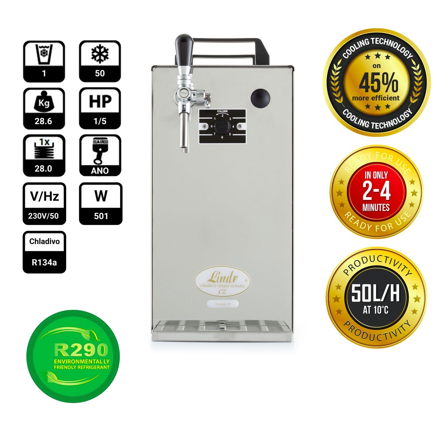 Grifo con refrigeración, enfriador continuo para cerveza, contacto 40/K de Lindr, dispensador de cerveza refrigerado, potente grifo de cerveza, 1 línea, 50 litros/h, Green Line