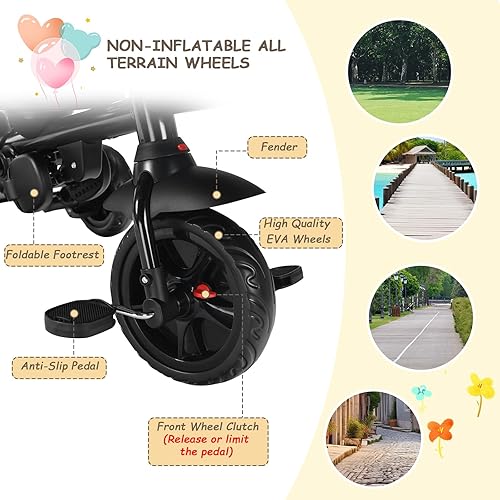 Miniatura 5 de Kinder King Triciclo para niños, triciclo plegable 7 en 1 para niños pequeños con mango de empuje ajustable, asiento giratorio, toldo ajustable,