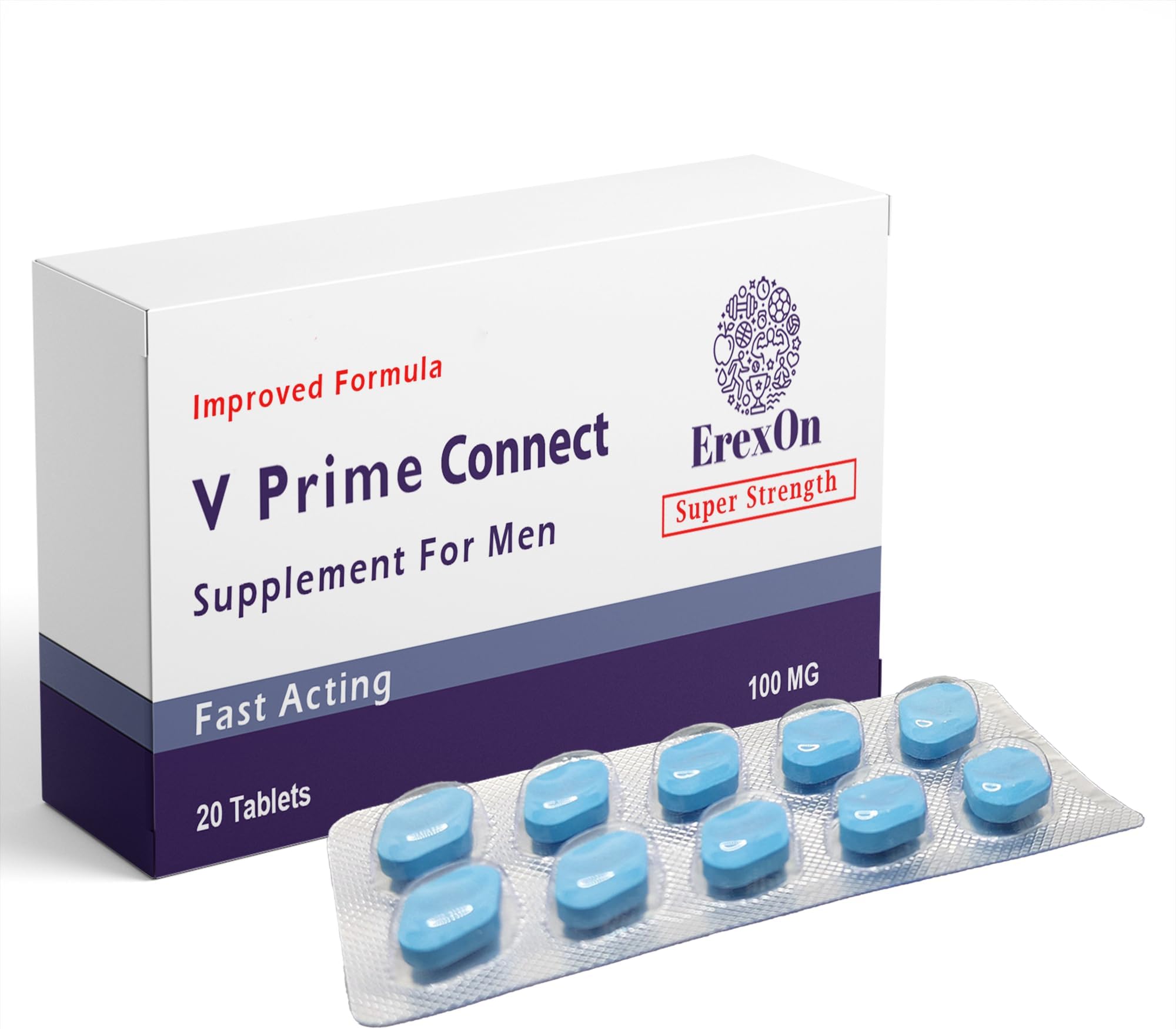 V Prime Connect - 20 Blue Tablets for Men - 100mg Herbal Supplement - Strong Effect - Mens Health Support Tablets - Performance & Enhancement - Ginseng Extract - Made in UK
