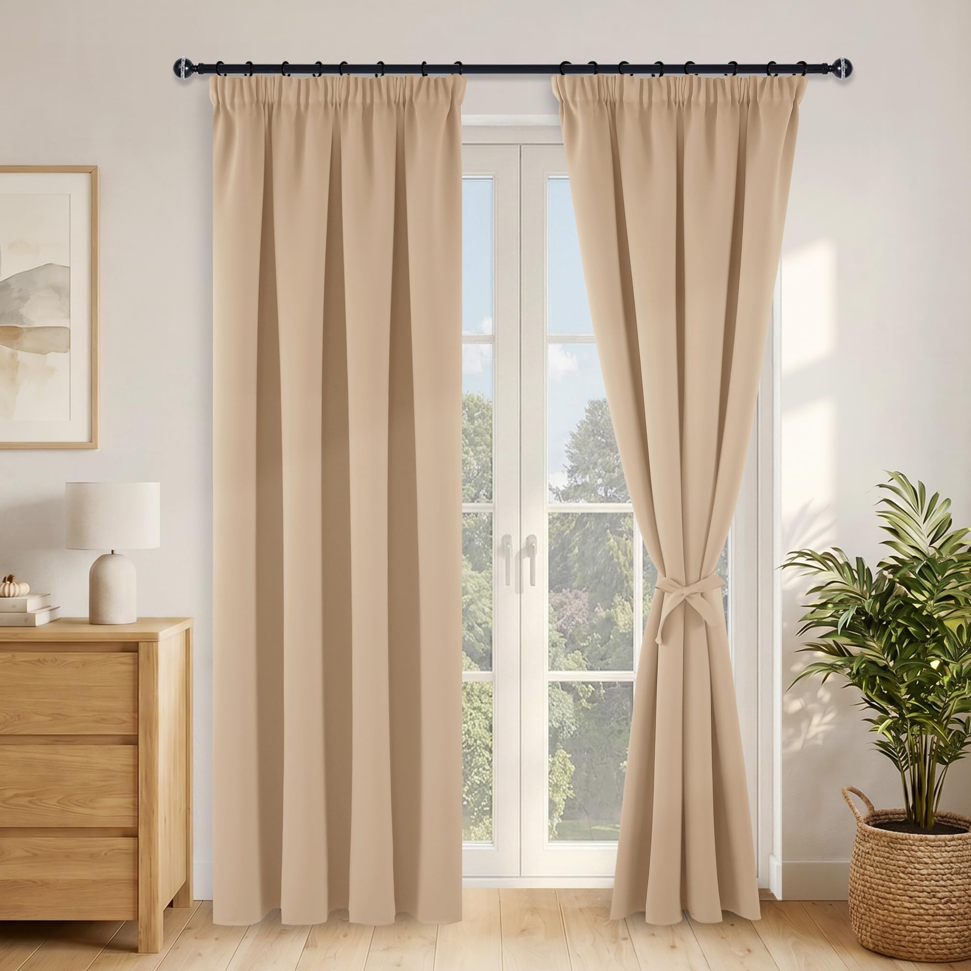 Hiasan Rideaux Occultants avec Galon Fronceur, 245 x 140cm (L x H), Beige | Thermiques et Protection anti Froid, Opaques pour Salon et Chambre à Coucher avec Embrasses, 2 Pieces