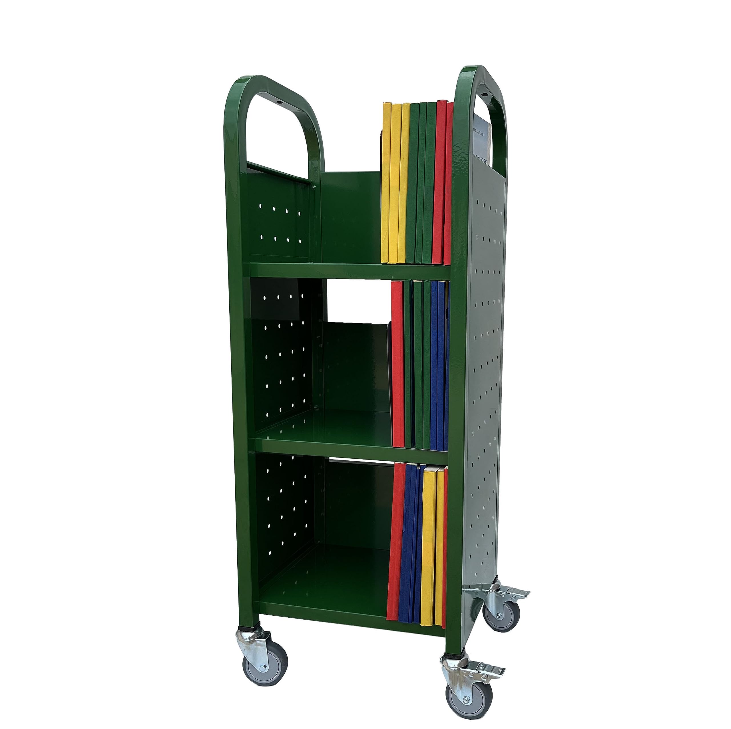 Photo 1 of Workington Single Bank Rolling Book Truck Book Cart with 3 Flat Shelves, Library Book Cart with Swivel Lockable Casters 3000 Green