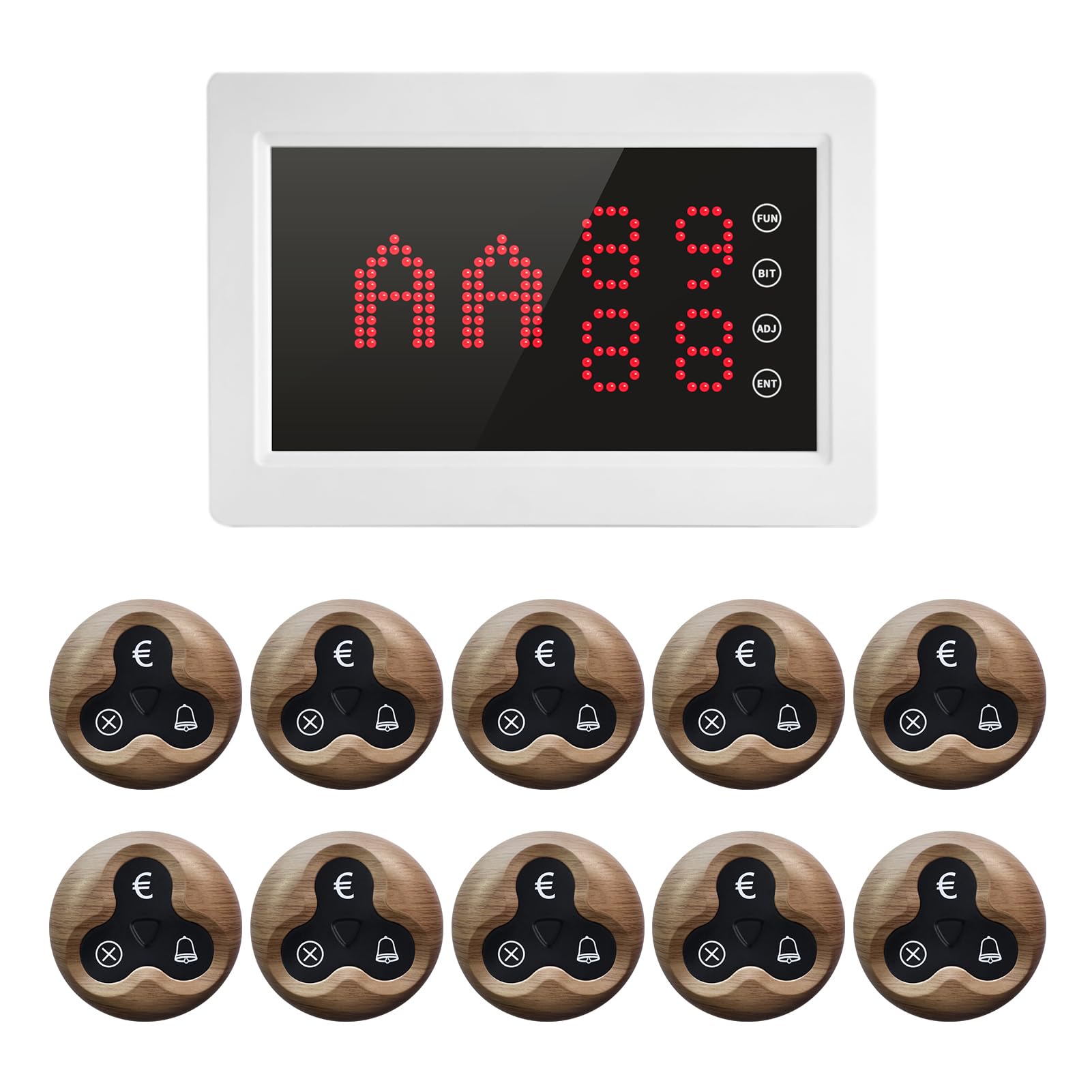 Sistema de Llamada para restaurantes, inalámbrico para Cuidadores, con Receptor, para clínicas de Ancianos, hospitales, restaurantes [1 Receptor + 10 Botones de Llamada - O3W]