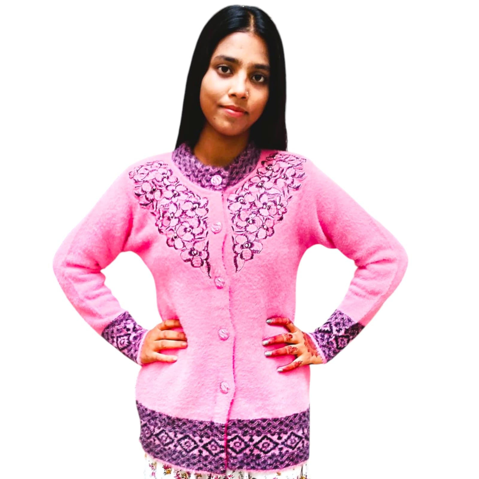 Radha Women's Floral Embroidered Cardigan Sweater, Pink with Purple Trim, Long Sleeve-image-39
