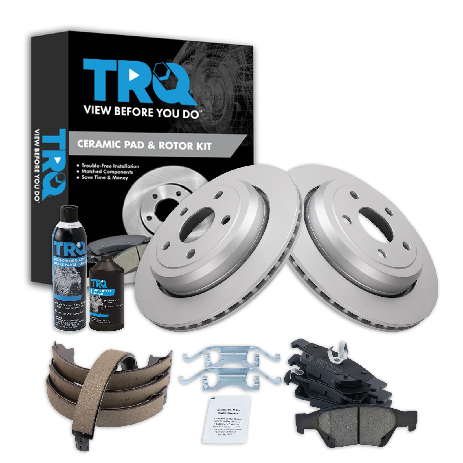 TRQ Rear Brake Pad &amp; Rotor Kit, with Chemical Kit Parking Brake Shoe Set Ceramic Premium G-Coated Compatible with 2011-2019 Dodge Durango Jeep Grand Cherokee
