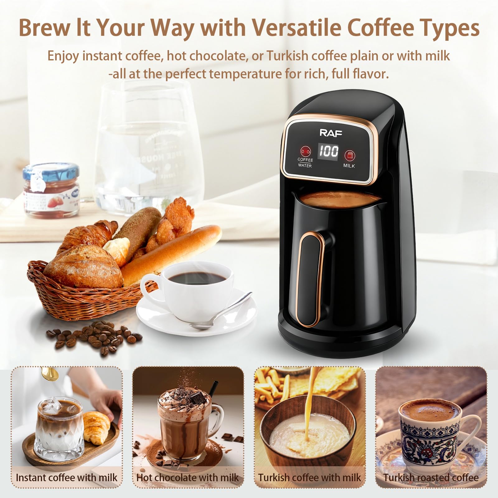 Automatische Elektrische Türkische Kaffeemaschine, 600W Kaffeepott mit Dual-Heizsystem, Smart Bedienung für Kaffee, Wasser & Milch, 300ml Kapazität für 4 Tassen, Anti Trockenlauf