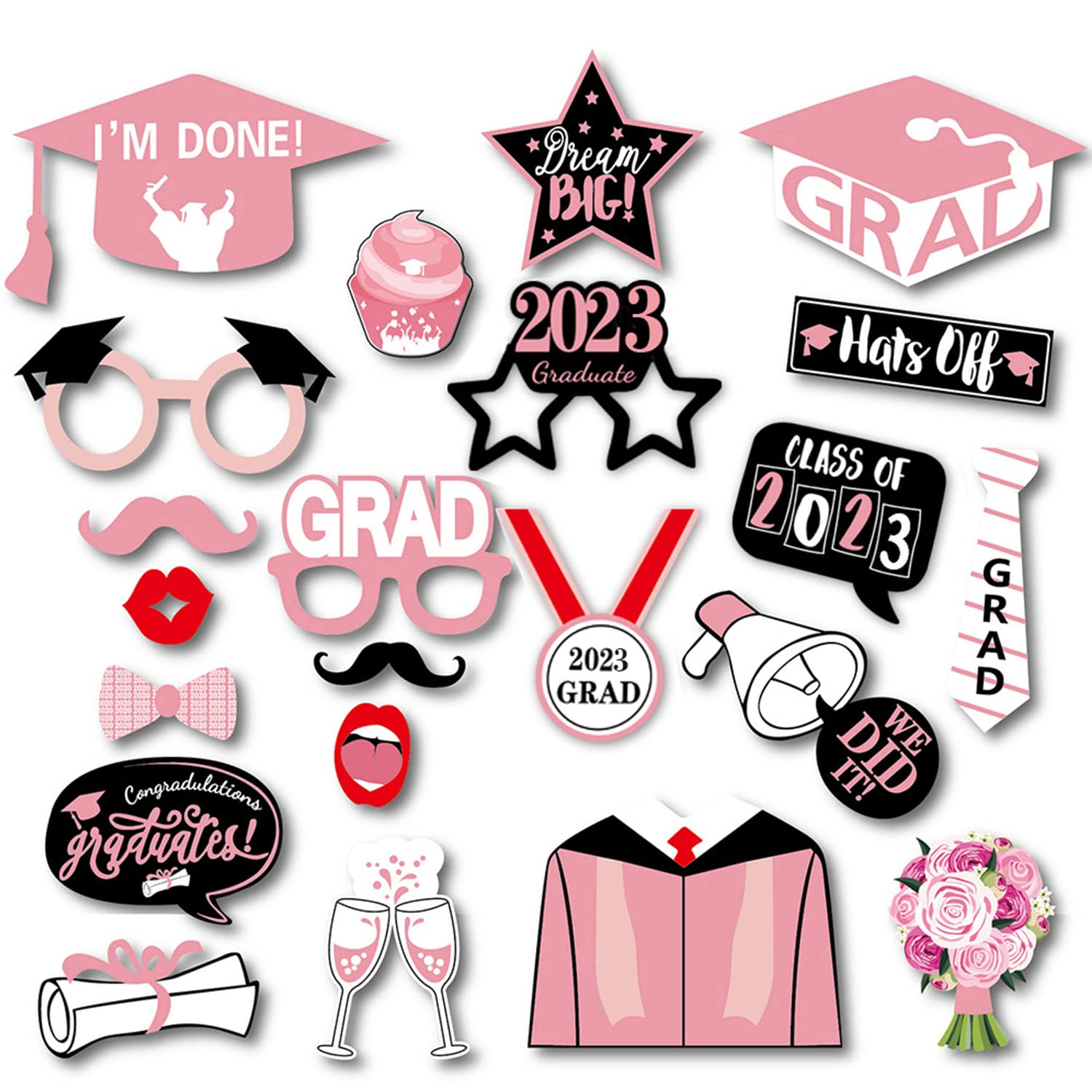 GORVELL24pcs Graduation Photo Booth Props, Moustache Ties Flower Academic Dress Mortarboard Class of 2023 Graduation Decorations, Pink and Black