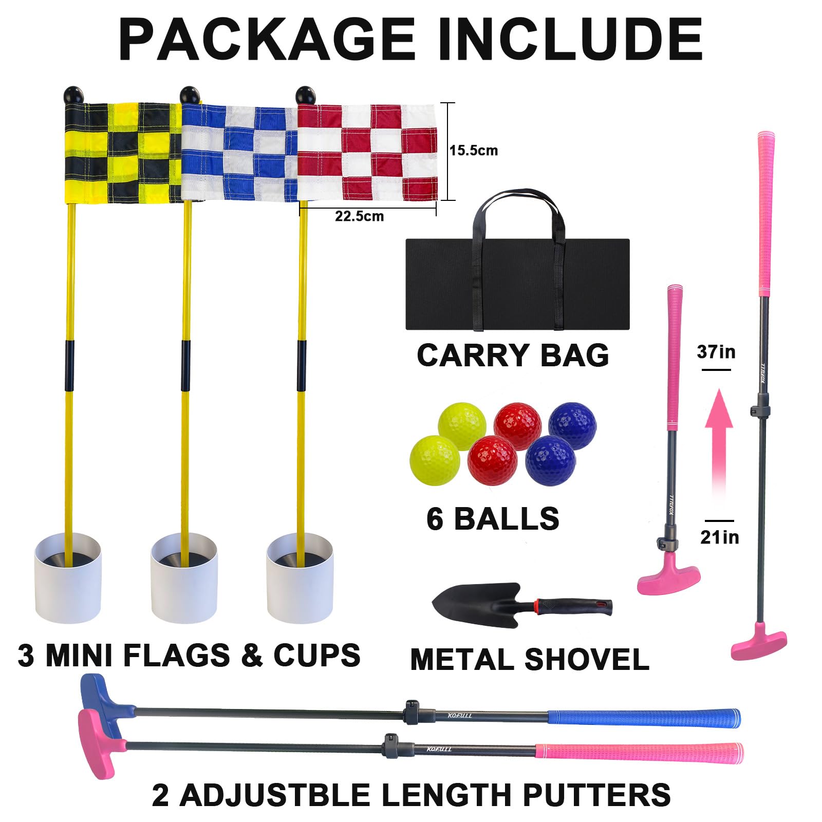 Mini bandera de golf, bandera verde para patio, playa, juego de marea baja, todos 3 pies, juego de tazas con agujero de bandera de golf, 2 putters ajustables, 3 banderas y copas de agujero, 6 pelotas