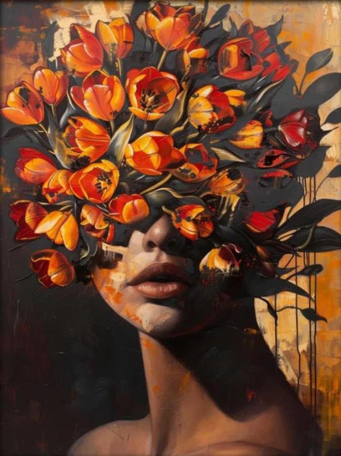 Yocheng Floral Portrait Female Poster Print Abstract Luxury Floral Face Art Canvas Painting Living Room Home Decor 21x30cm No Frame
