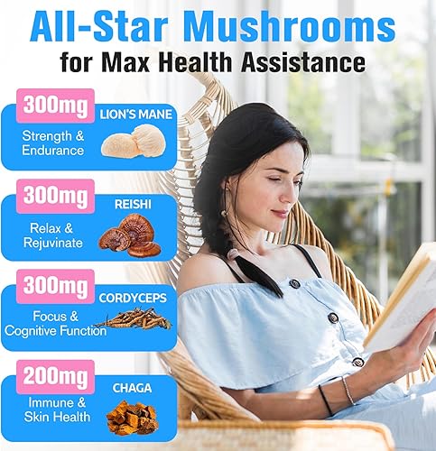 Miniatura 3 de Suplemento de hongos de 2600 mg, complejo de hongos 20 en 1, con melena de león, cordyceps, reishi, cola de pavo, Chaga - Suplementos cerebrales