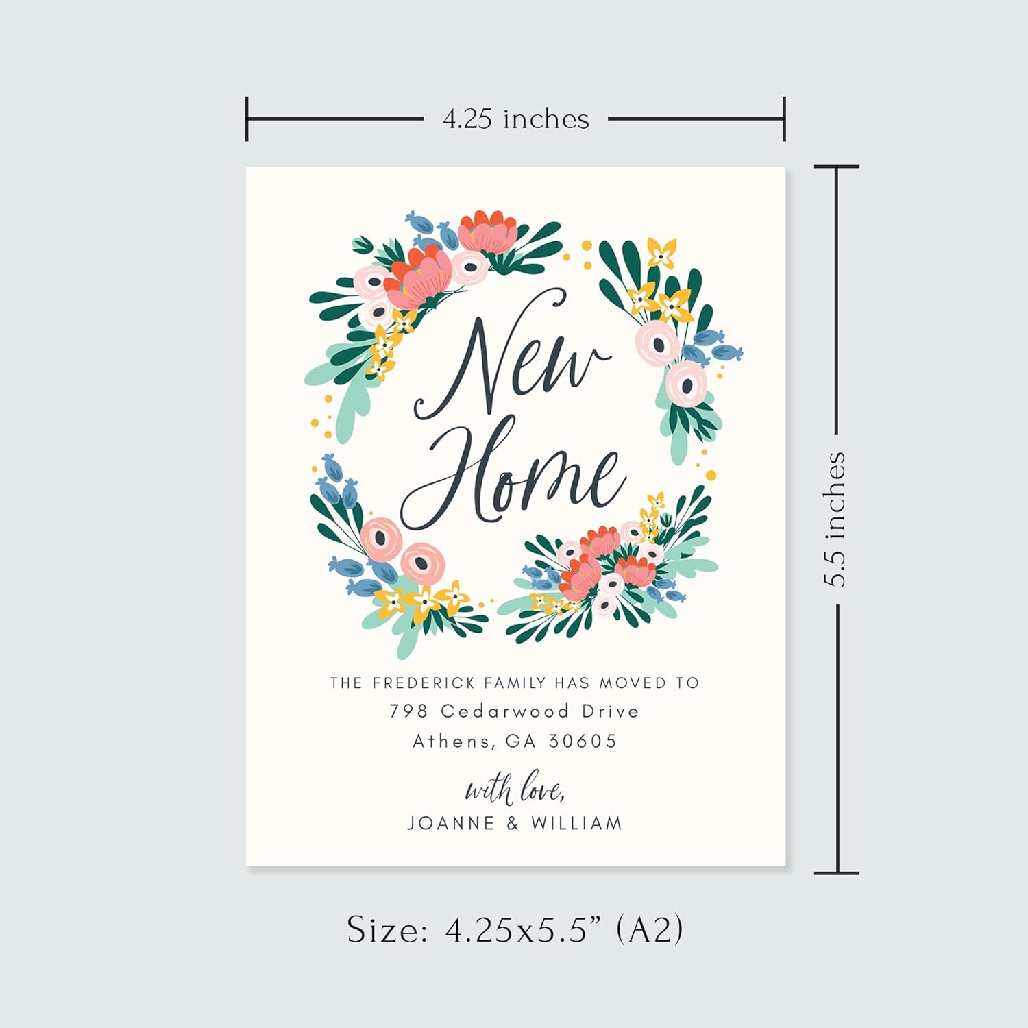 New Home Moving Announcement Cards, Flat 4.25x5.5 Personalized Modern Floral Change of Address Cards with White Envelopes
