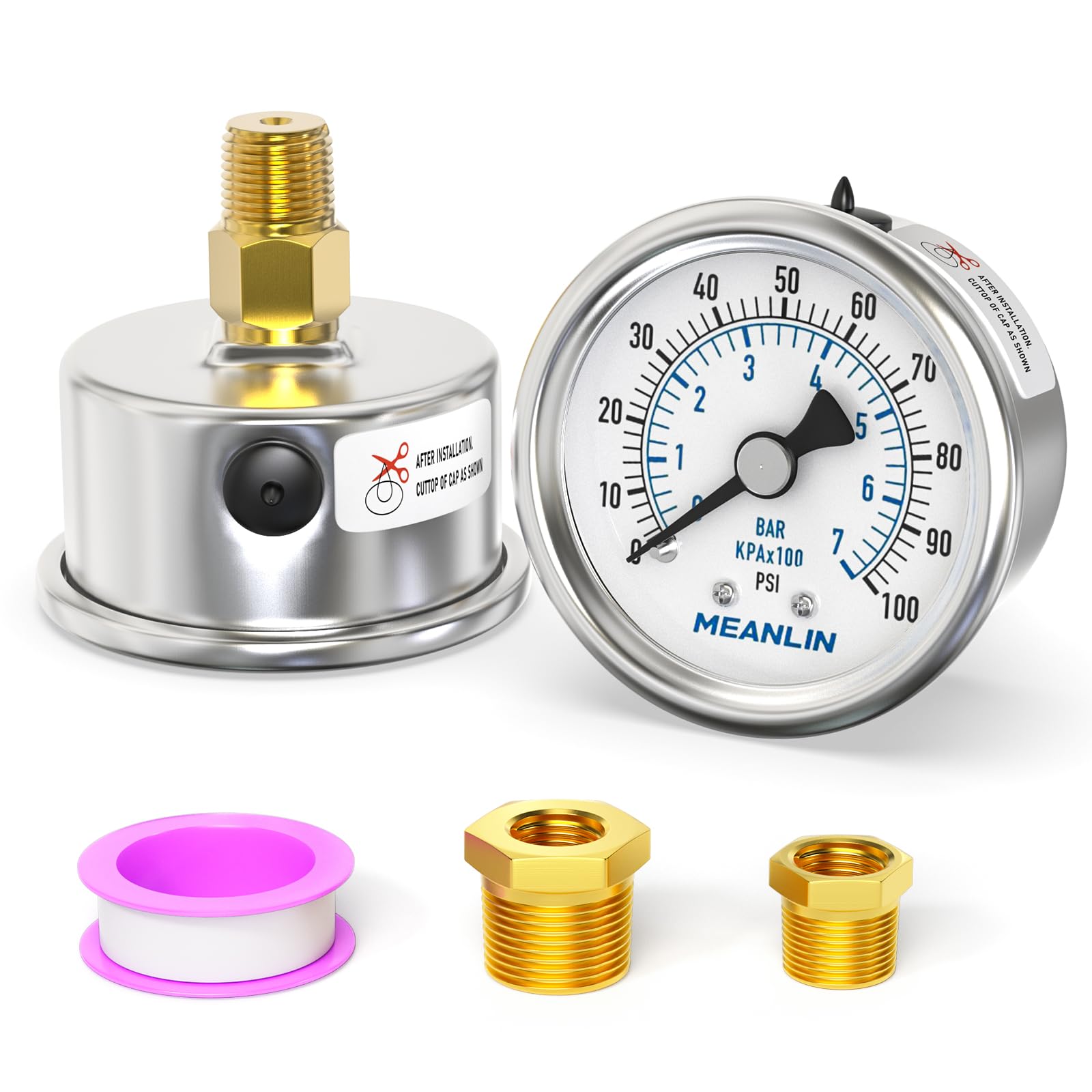 Stainless Steel Pressure Gauge - 0-100PSI Waterproof -8