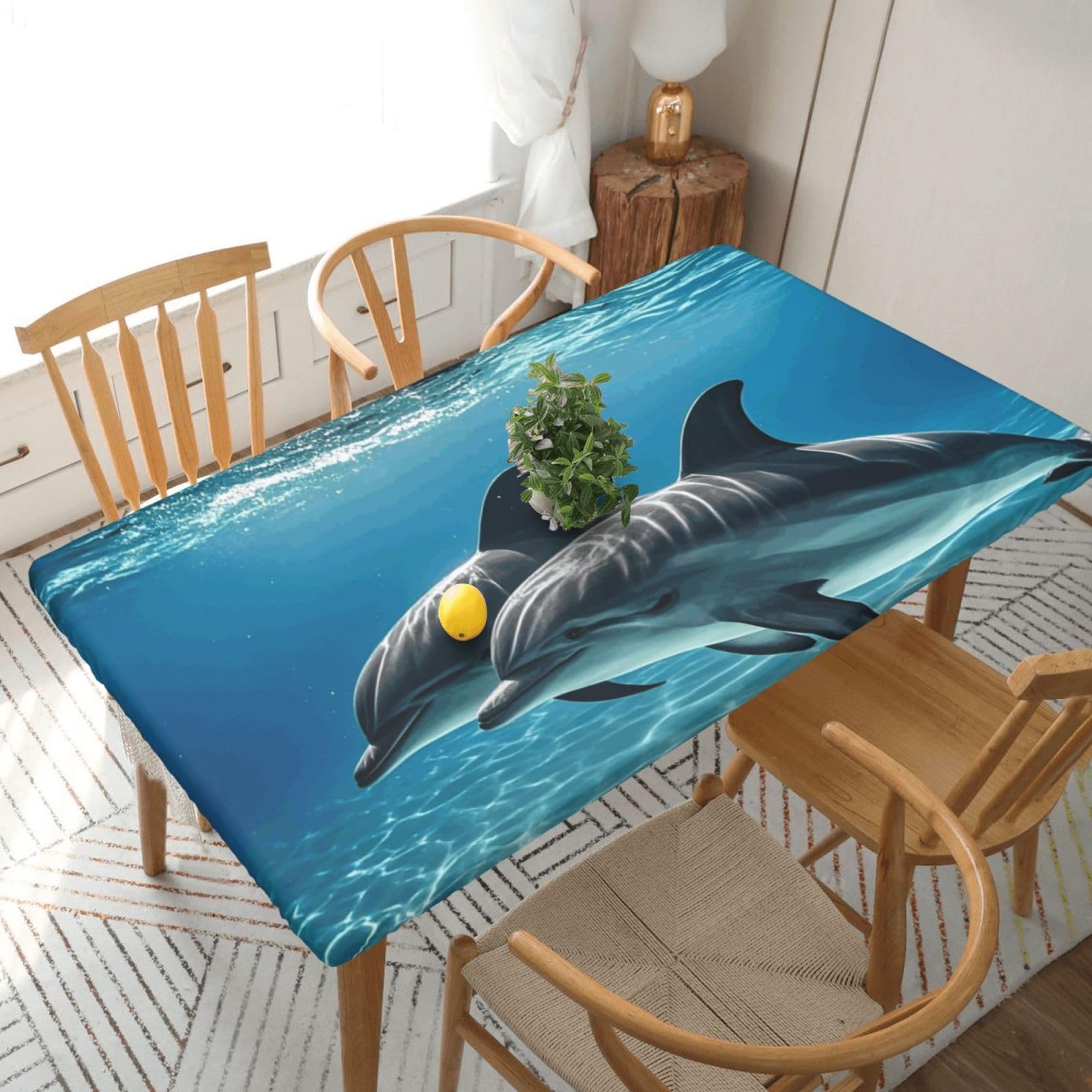 Fodpand Black Dolphins In The Sea Spandex Fitted Tablecloth For 5 Foot Rectangle Tables,Waterproof Picnic Table Cover Stretch Table Cloth Washable Table Protector For Picnic, Camping, Outdoor
