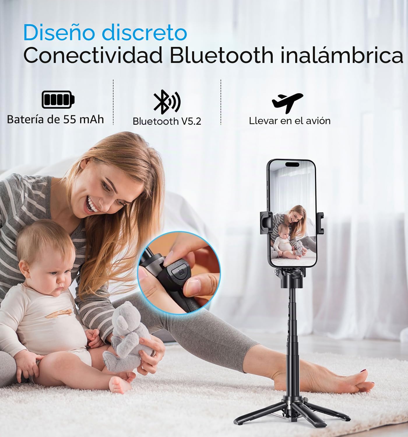 MAGIC JOHN Para palo selfie, pequeña palo selfie con luz de relleno, trípode Bluetooth para móvil con mando a distancia extraíble, compatible con iPhone, Samsung y
