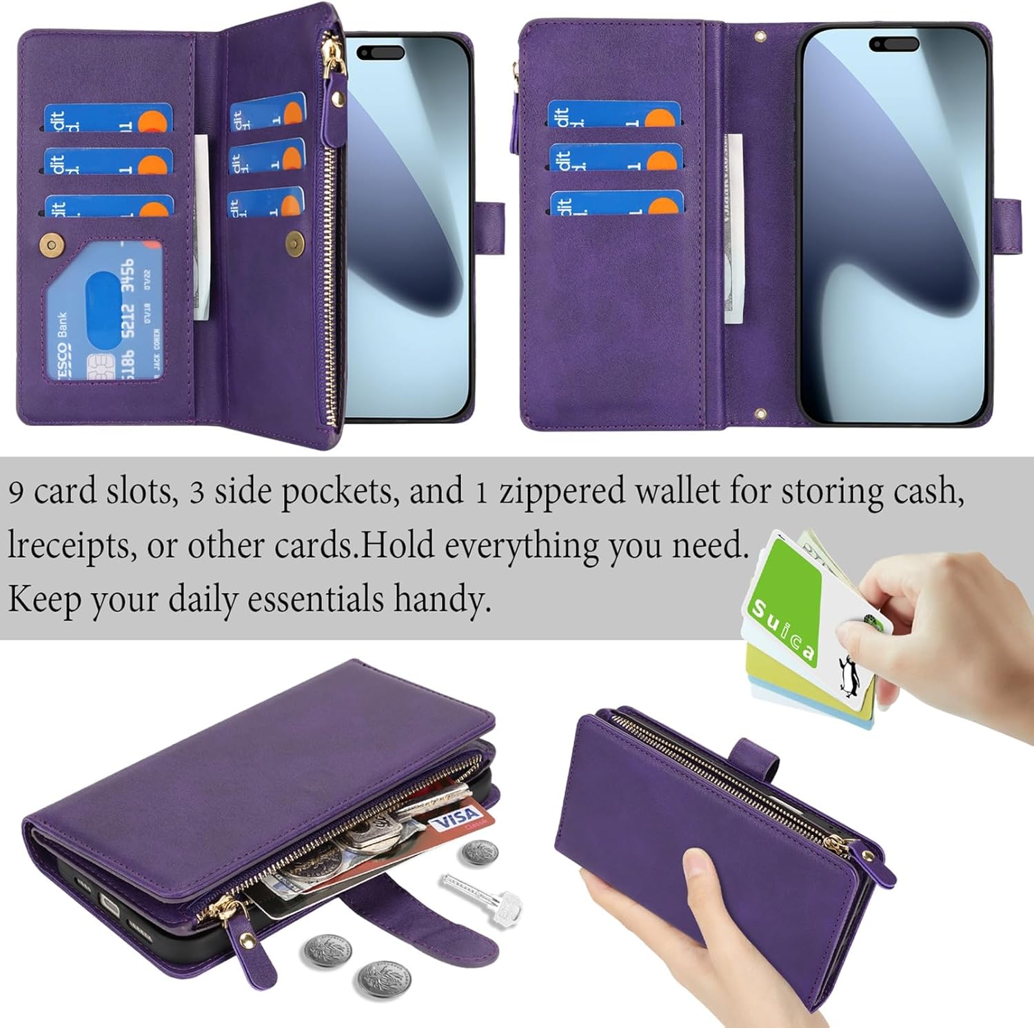Jaorty Crossbody Wallet Compatible with iPhone 17 Pro Phone Case for Women Men, 6.3 Inch, with Card Holder,Purse with Shoulder Lanyard,[Wrist Strap], Zipper Pocket PU Leather, Purple - Image 3