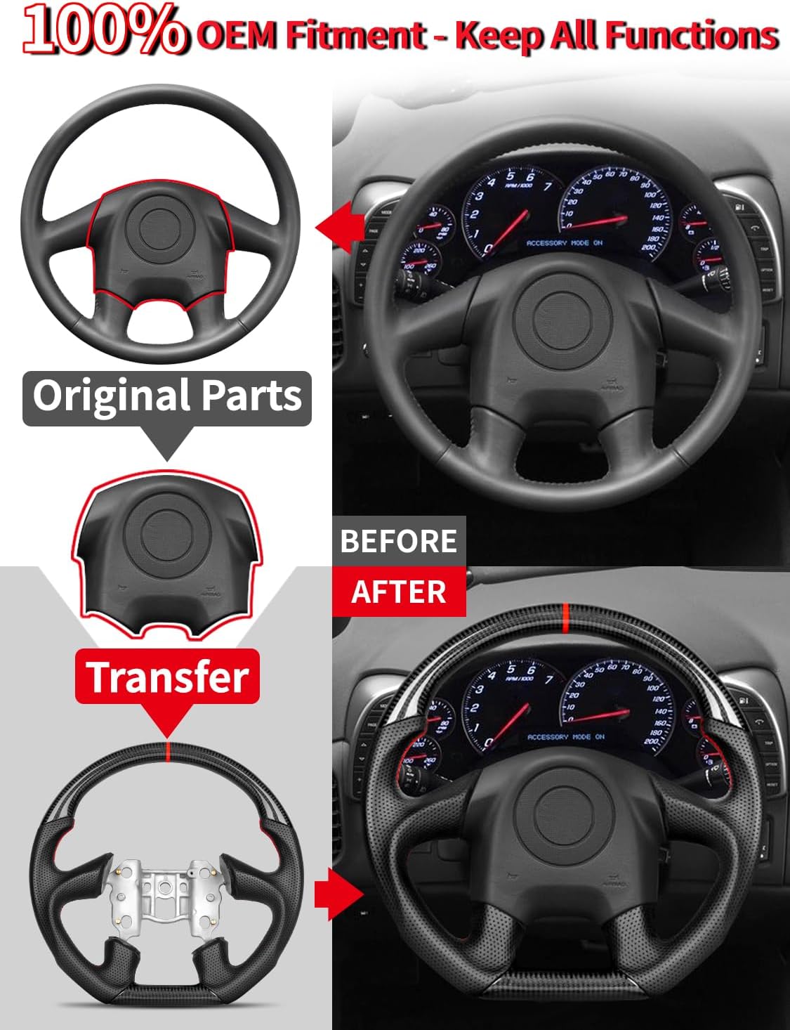 Real Carbon Fiber Steering Wheel For Chevy Corvette C6 4 Spoke 2005, Track Style D-Shaped Flat-Bottom, Perforated Nappa Leather Grips, Red Stripe & Stitching (C6 4 SPOKE 2005 ONLY)