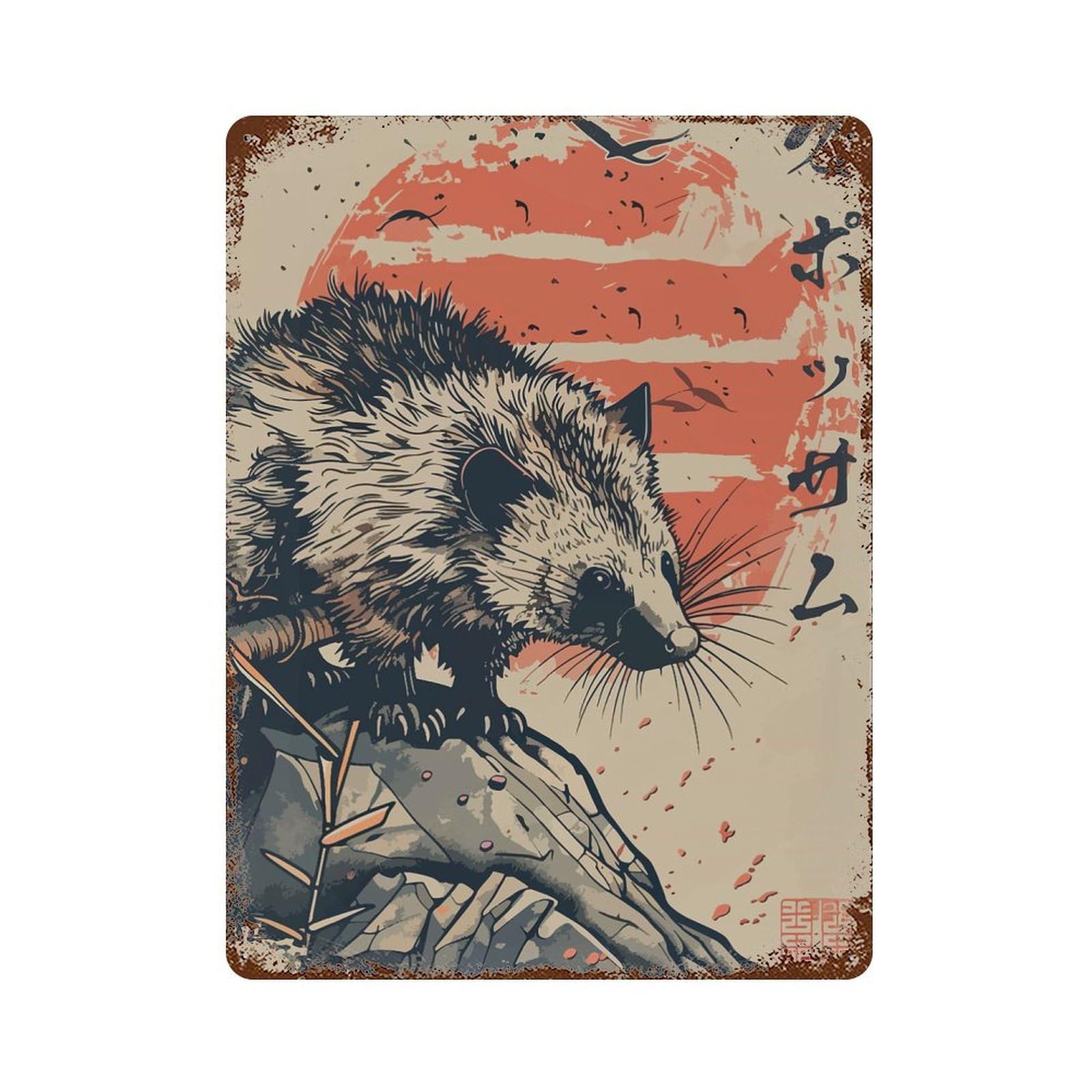 Rust Effect Vintage Japanese Opossum Rustic Tin Plaque 15.7"x11.8", Shabby Chic Decor for Basement, Hobby Room And Garage Decor