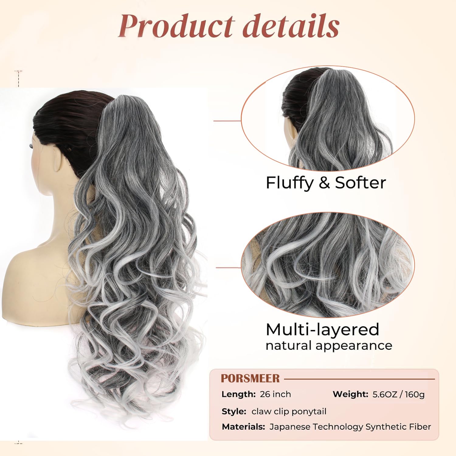 PORSMEER Ponytail Hair Extension Claw Clip in Ponytail Extensions Long Curly Wavy Ponytail Hair Extension Jaw Clip on Pony Tails Hairpiece for Women 26 inches (Grey with White Hightlights) - Image 4