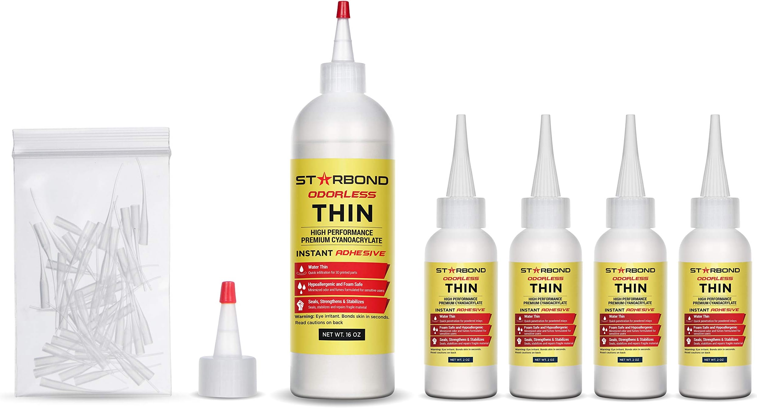 Starbond N/O-05 Odorless Thin, Premium CA Super Glue - Foam Safe INFILTRANT Plus Extra Bottles, Caps, and Microtips, 16 oz. (Bulk Size) (for 3D Printing, Woodturning, Hobby)