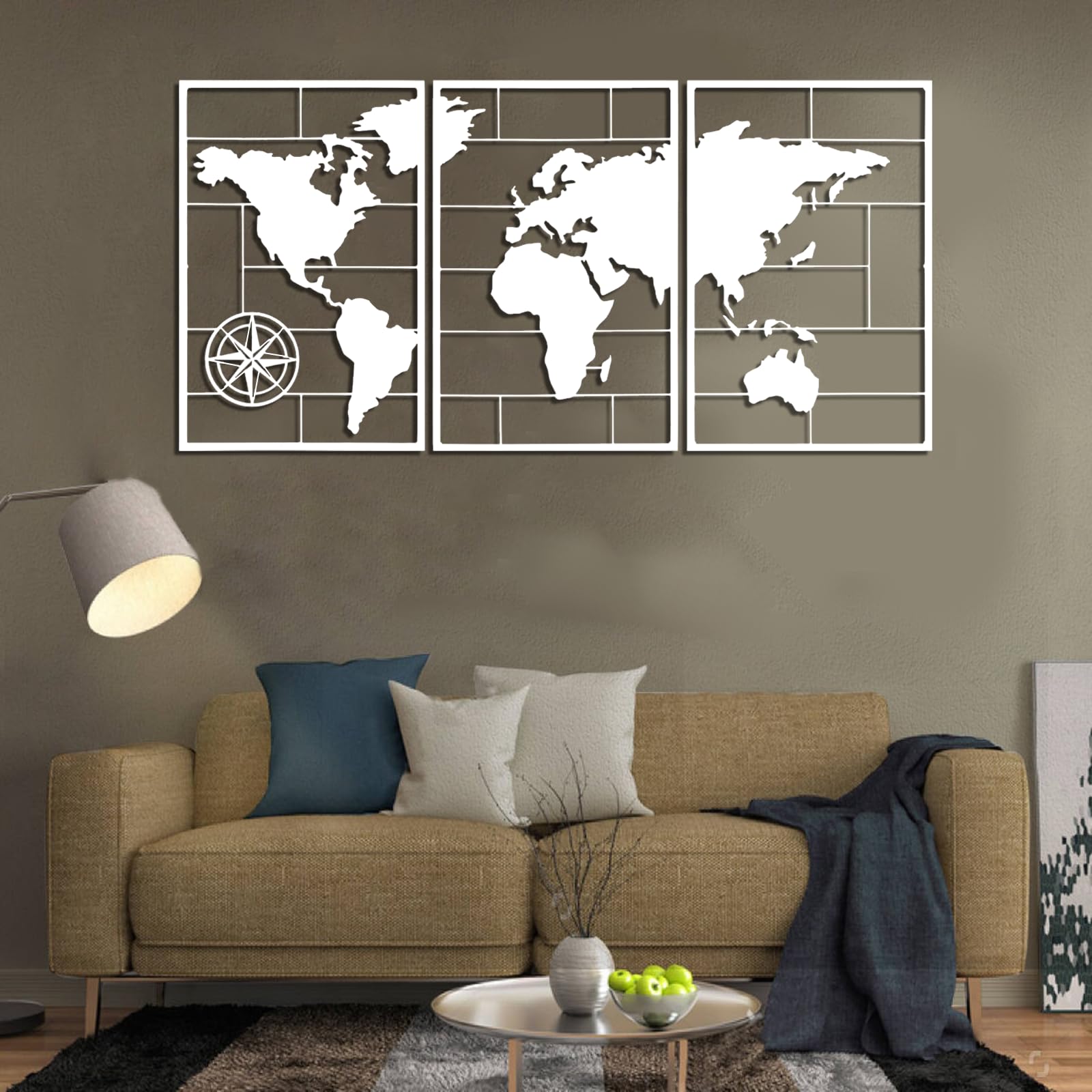 Genérico Arte de Pared de Metal Negro, 3 Piezas, Mapa del Mundo, Estilo 3D, decoración de Oficina, Arte de Pared de Metal, decoración artística, para Sala de Estar, Dormitorio, Pasillo y escaler