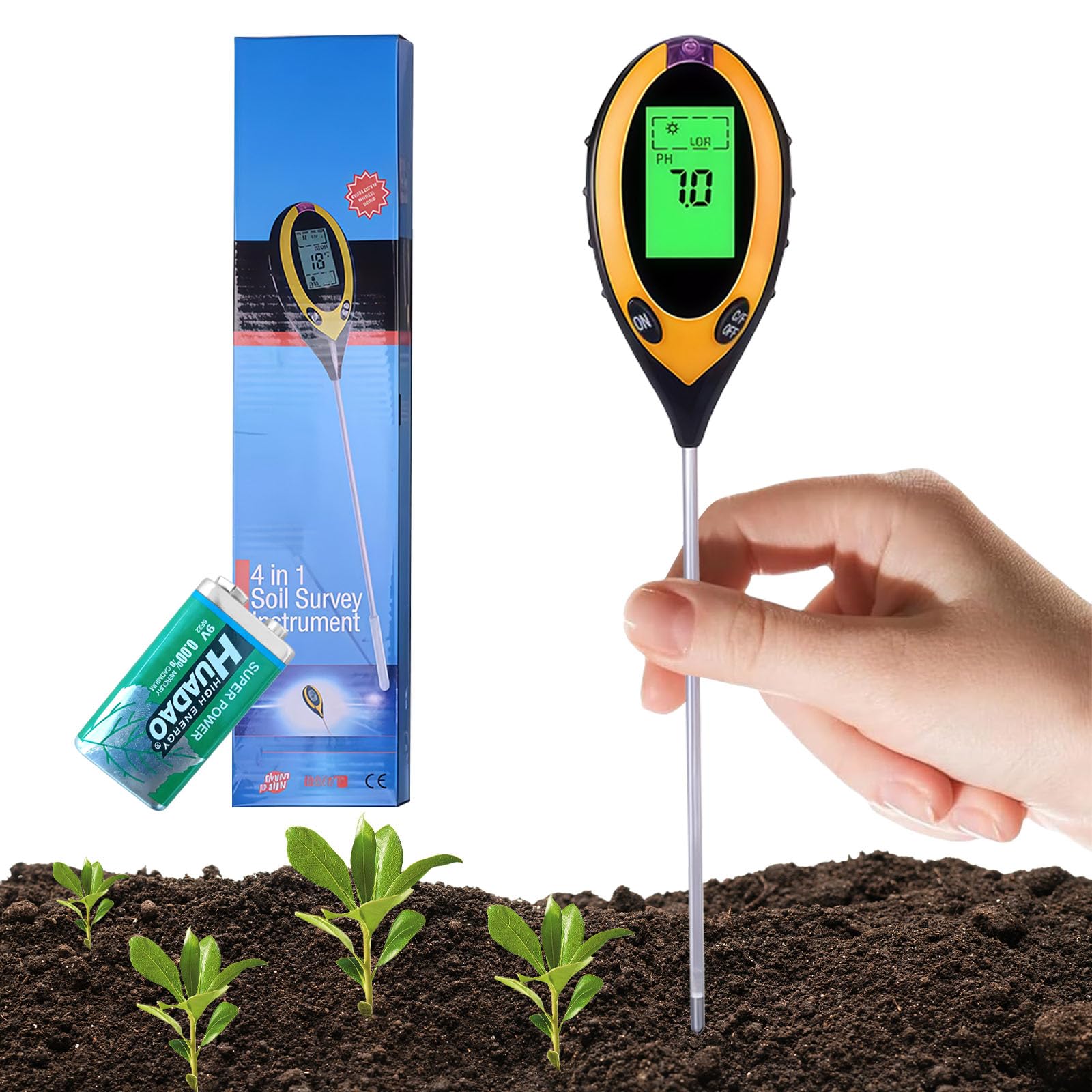 Soil Meter, 4-in-1 Soil Moisture Meter Digital Plant Temperature, PH Meter, Sunlight Intensity Backlight LCD Display Soil Test Meter,Compact & Lightweight, for Gardening, Farming, House/Outdoor Plants