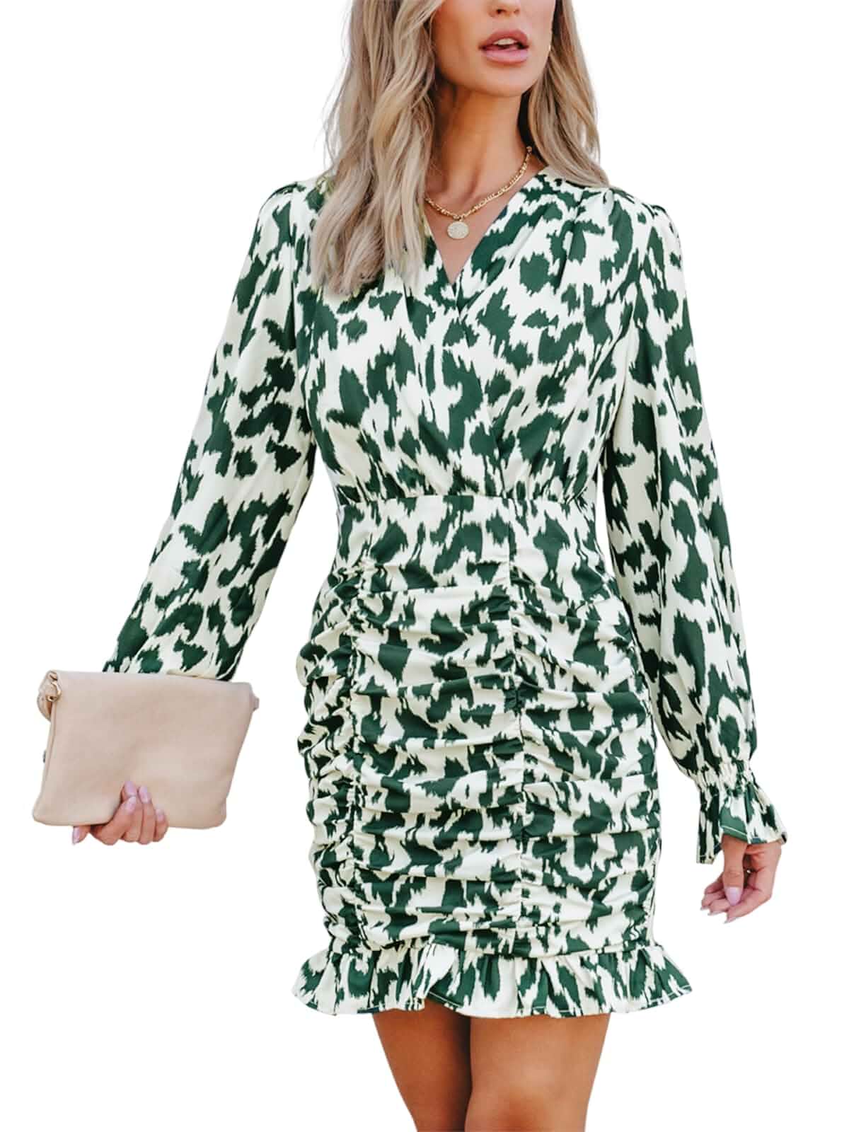 CUPSHE Shirred Ruffle Mini Fall Dresses for Women Surplice V Neck Long Poet Sleeve Abstract Print Casual Autumn Dress Long Sleeve
