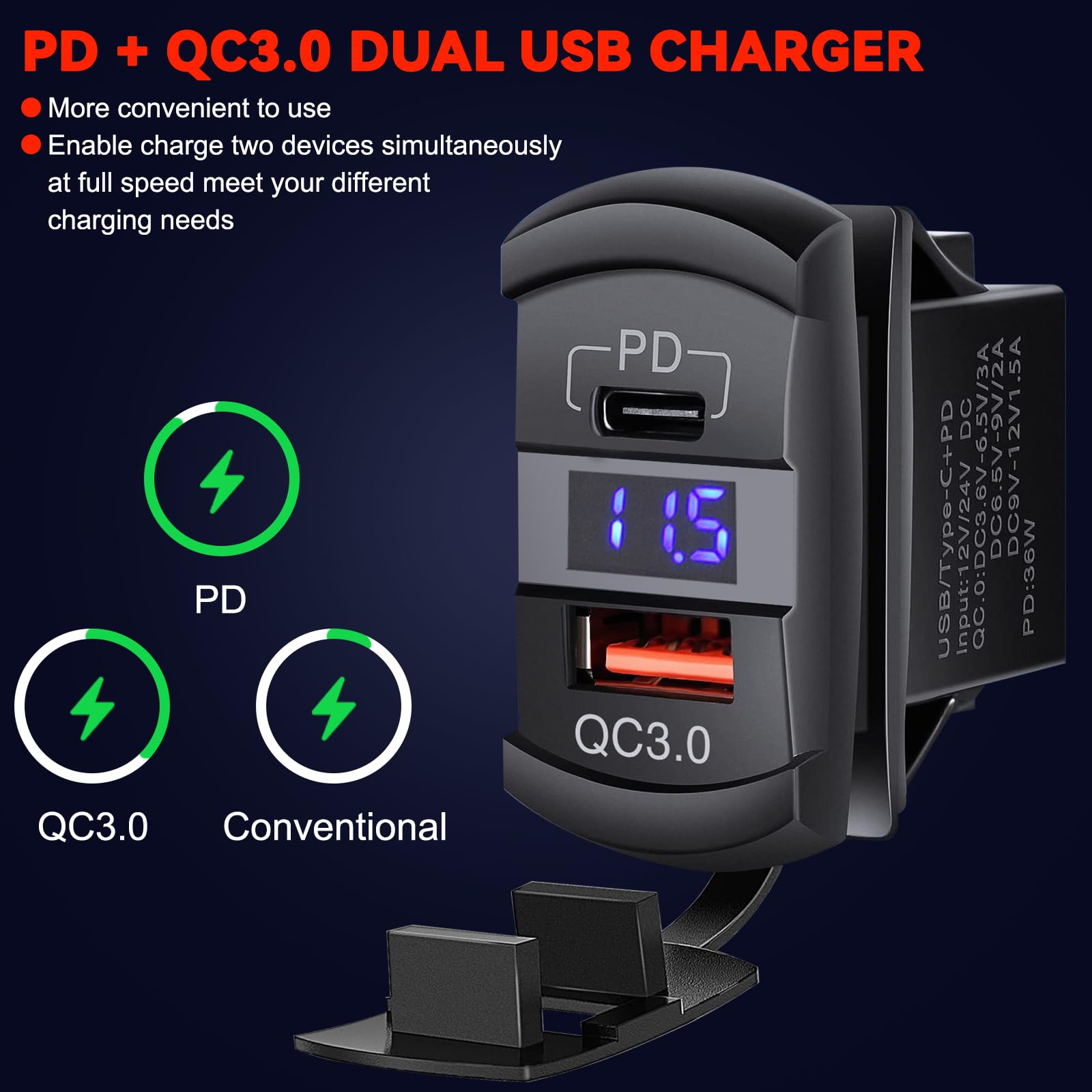 KAOLALI 3 Gang Pannello Interruttori per Auto 12V/24V Interruttore a Levetta con 4.8A Porta di Ricarica PD & QC3.0 Voltmetro Interruttore a Bilanciere Impermeabile per Auto Camion Barche Camper