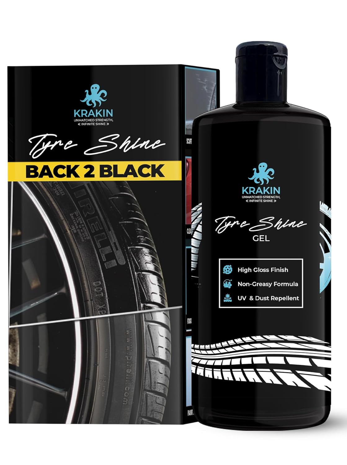 KRAKIN Tyre Shine Gel for Car & Bike (200ml) | Gives Tyre Wet & Glossy Look | Tyre Polish for Zero Dust Attraction & Streak-Free Black Finish KRAKIN Tyre Shine Gel for Car & Bike (200ml) | Gives Tyre Wet & Glossy Look | Tyre Polish for Zero Dust Attraction & Streak-Free Black Finish