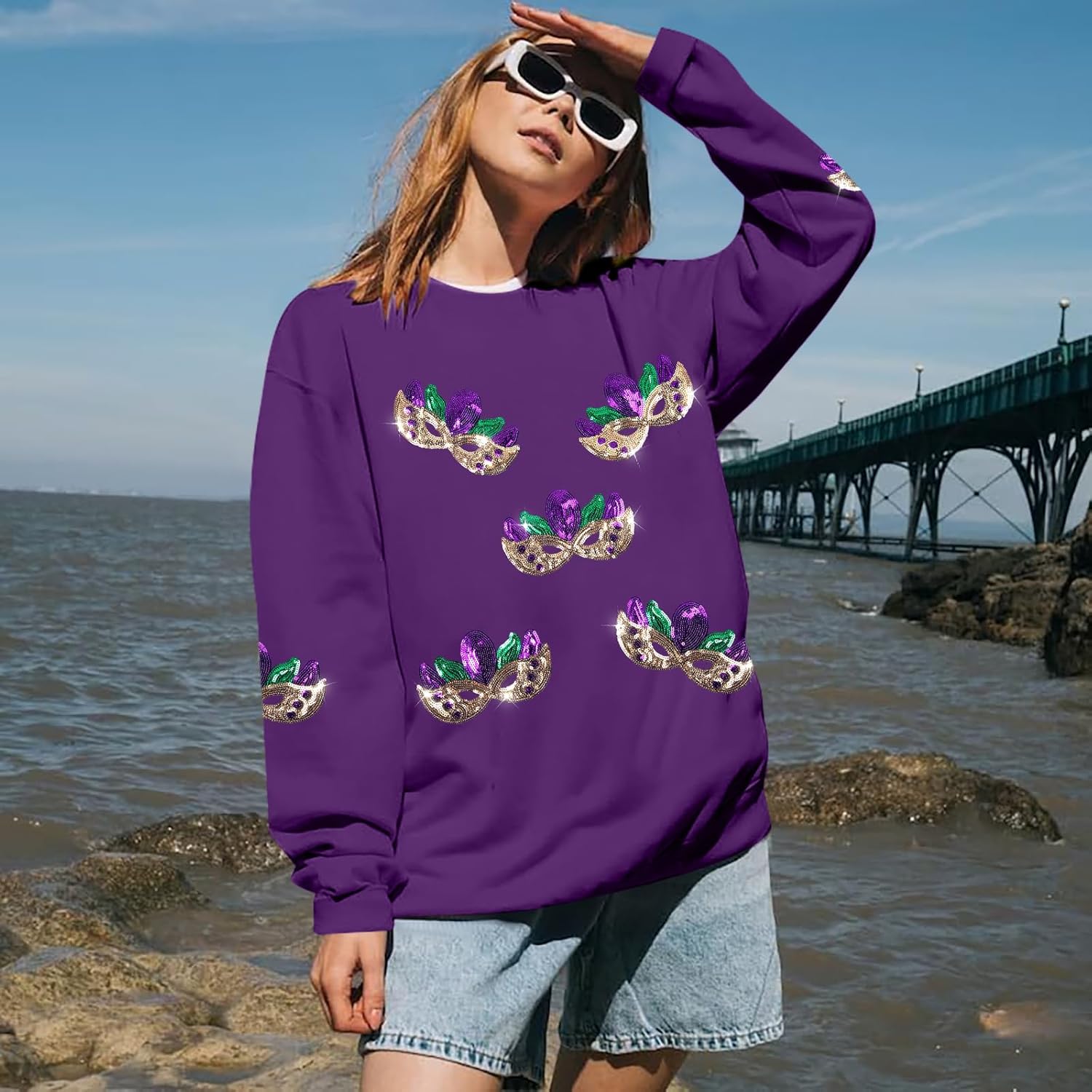 ASTANFY Womens Mardi Gras Sweatshirt Carnival Sequin Purple Sweater Masks Graphic Shirt Crewneck Long Sleeve Tops - Image 7