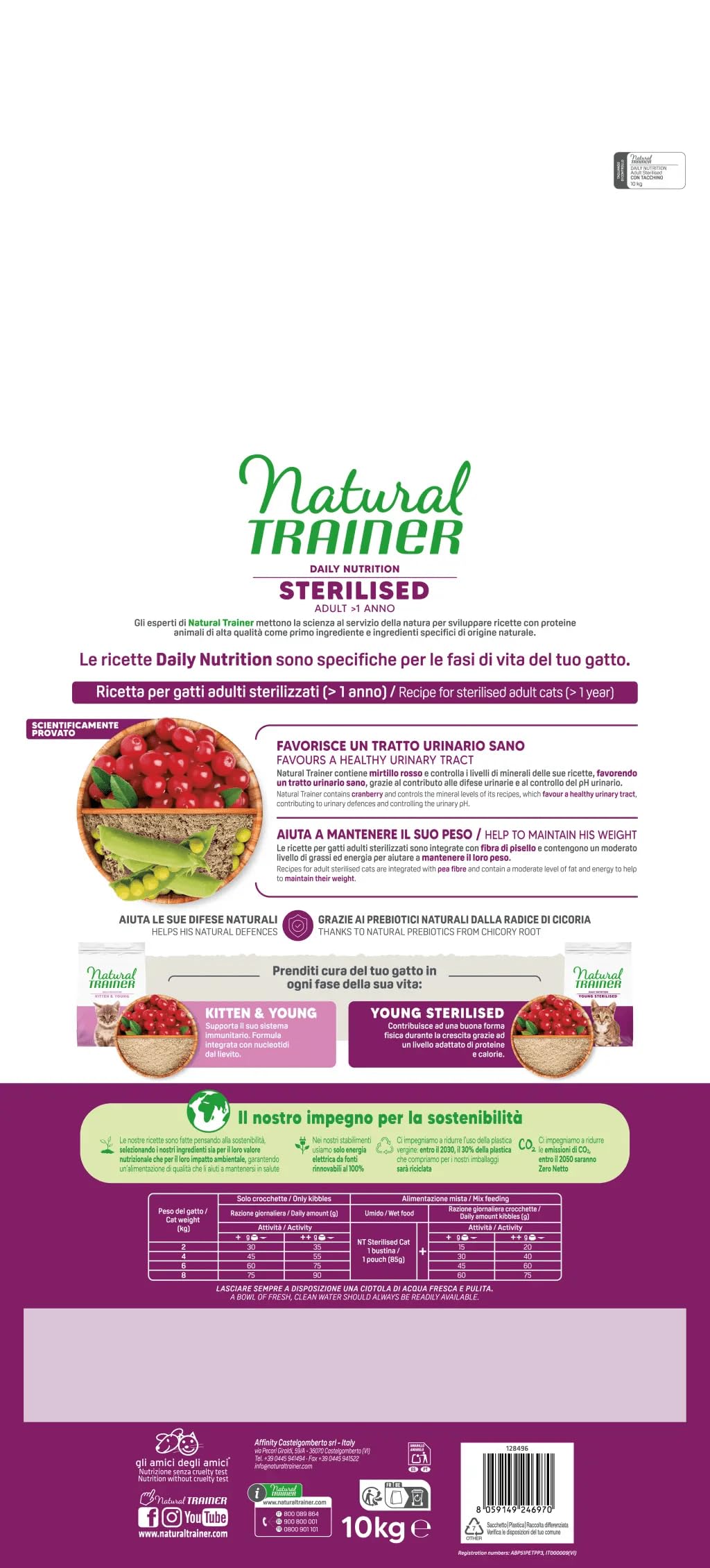 Natural Trainer per Gatti Cibo Secco Daily Nutrition Sterilised Adul con Tacchino, Mirtillo Rosso e Fibre di Pisello 10 KG