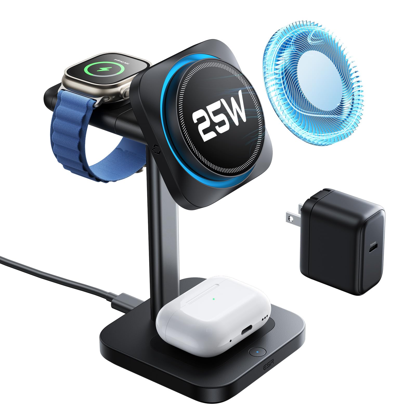 ESR for 3 in 1 Charging Station, Qi2.2 Certified 25W MagSafe Charger Stand with CryoBoost, Phone-Cooling Fast Charging Station, for iPhone 17/16 with iOS 26, AirPods, Apple Watch, Black QI2.2 25W Black