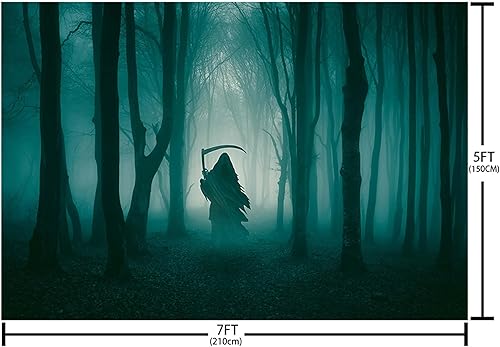 Miniatura 4 de MEHOFOND Telón de fondo de Halloween de bosque oscuro brumoso de 7 x 5 pies para fotografía, fondo misterioso de bosque sombrío para retrato, bruja