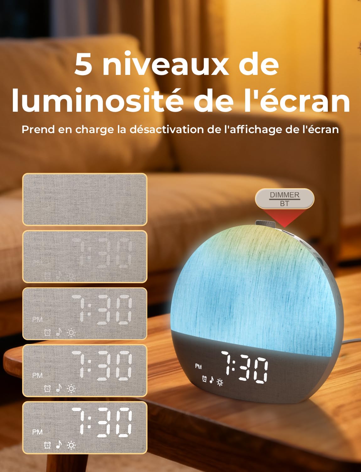 LIORQUE Reveil Lumineux Simulateur Aube, 30 Sons, Bluetooth, 17 Effets | Simulation 60min, Veilleuse 17 Effets 20 Niveaux, Minuteur 180min, Design Tissu, Ecran Extinction, Port Charge 5W