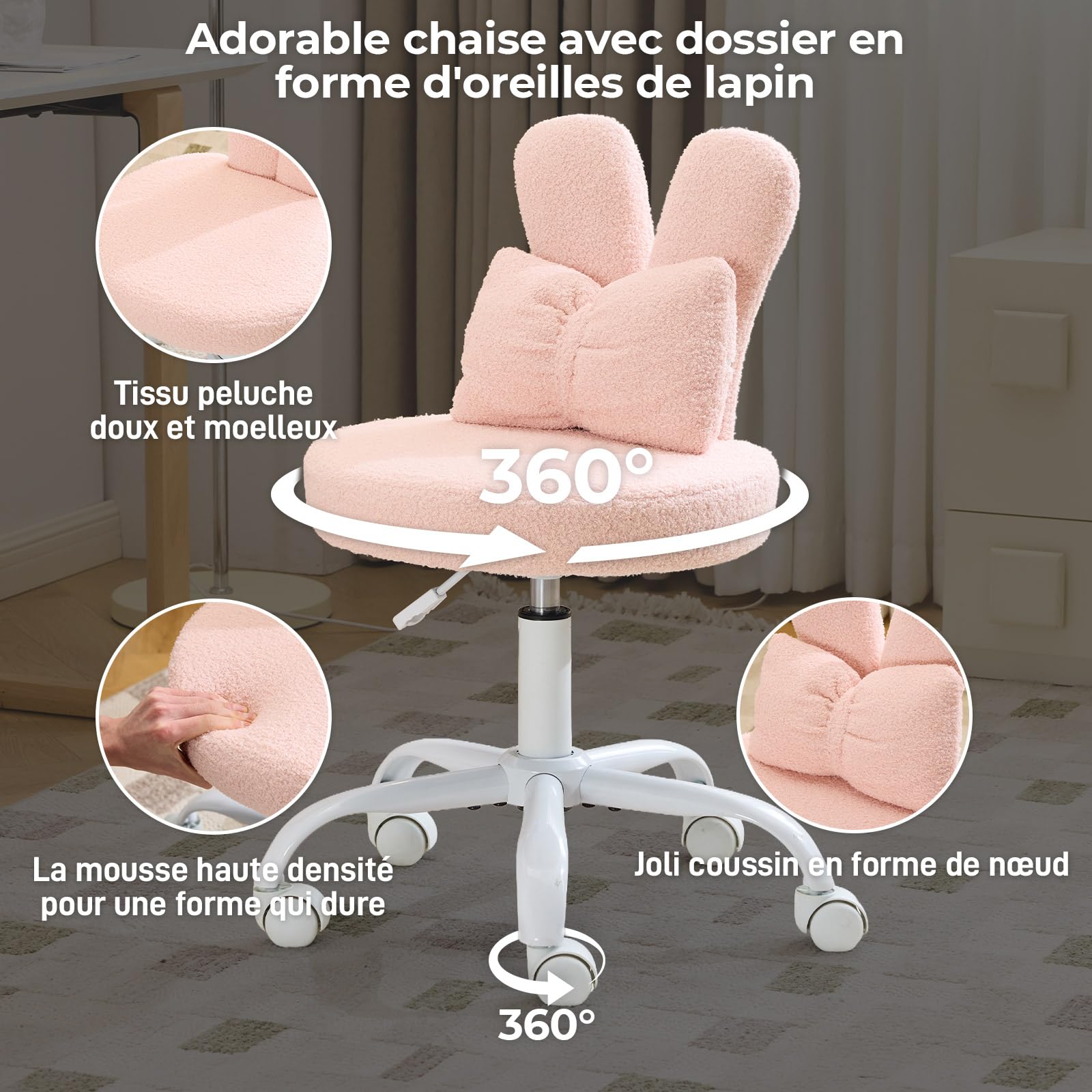 LEADZM Silla giratoria de oficina, silla de oficina infantil, rosa | con cojín lumbar tejido aterciopelado, ajustable en altura, silla de dormitorio