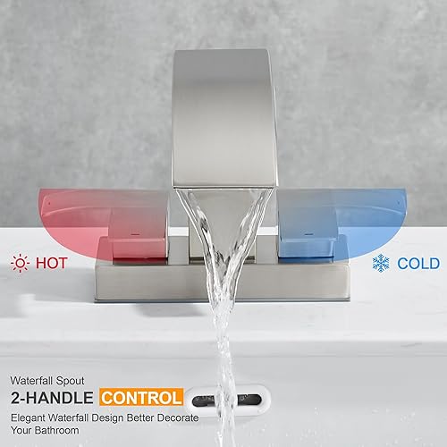 Miniatura 8 de Grifo de baño de cascada de 2 manijas de níquel cepillado con drenaje desplegable, grifo de 2 agujeros para fregadero central de 4 pulgadas, grifo