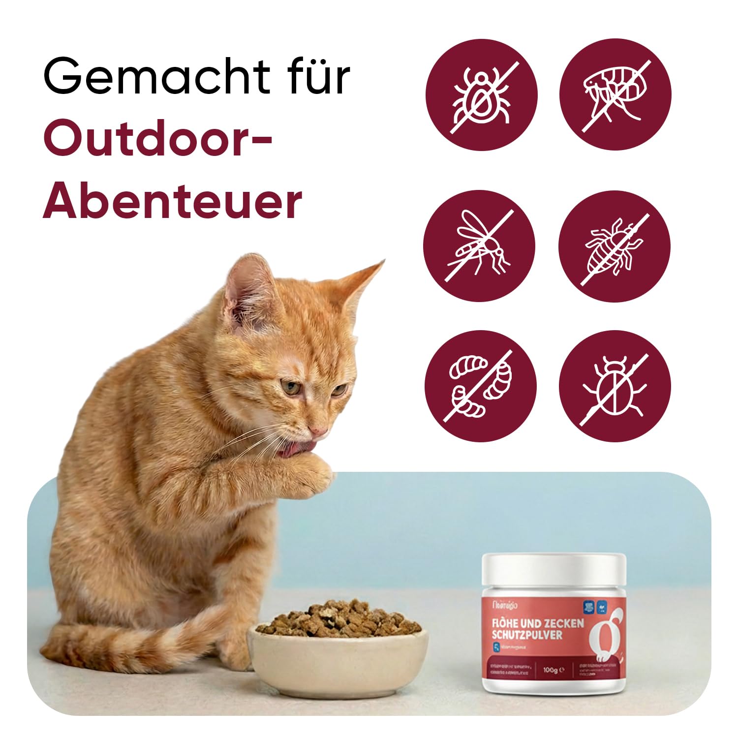 animigo Flohpulver - Zeckenschutz für Katzen - 100 g Pulver - Mit zusätzlichen Vitaminen, Mineralien & Aminosäuren wie Bierhefe, Zink, Vitamin B3, B1 & B2 - Hühngeschmack - Flohmittel Katzen