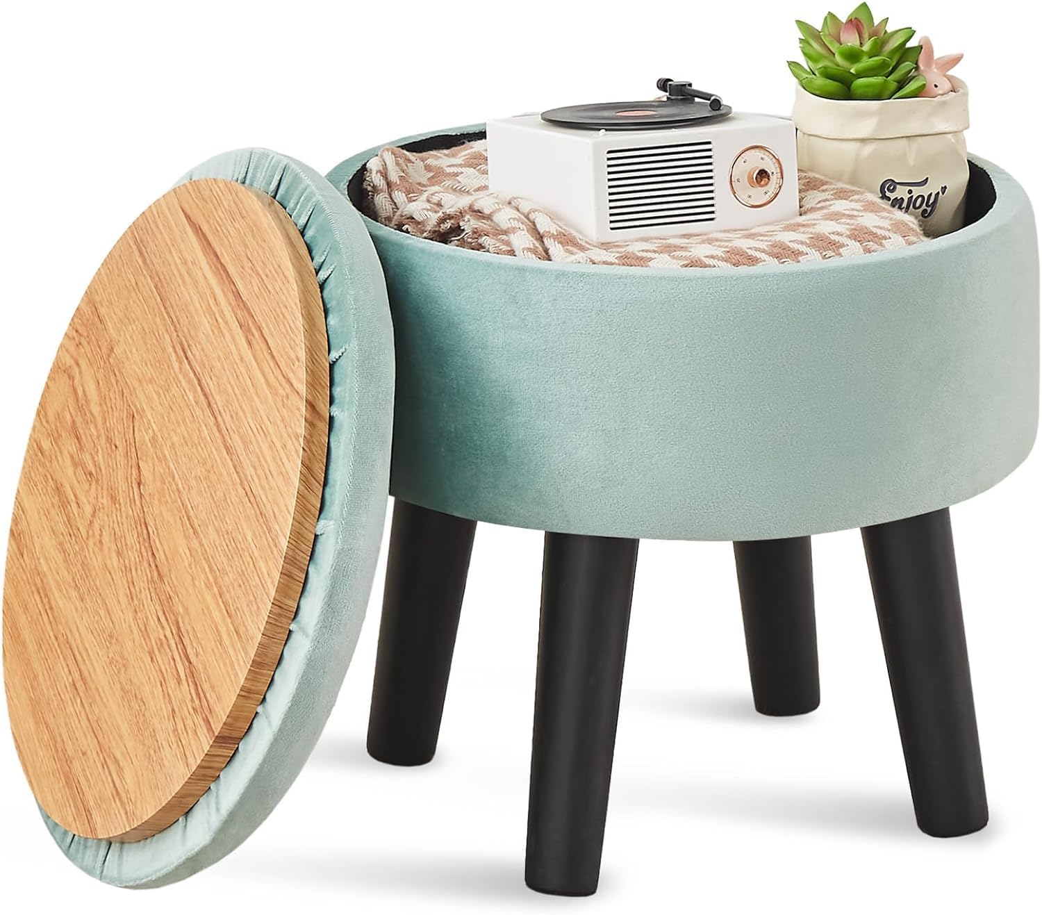 Storage Ottoman Footstool Round Footrest Soft Padded Foot Stool with Solid Wood Legs Accent Side Table Step Stool Extra Seating for Hallway Living Room Bedroom Entryway (Sky Blue)-image-36