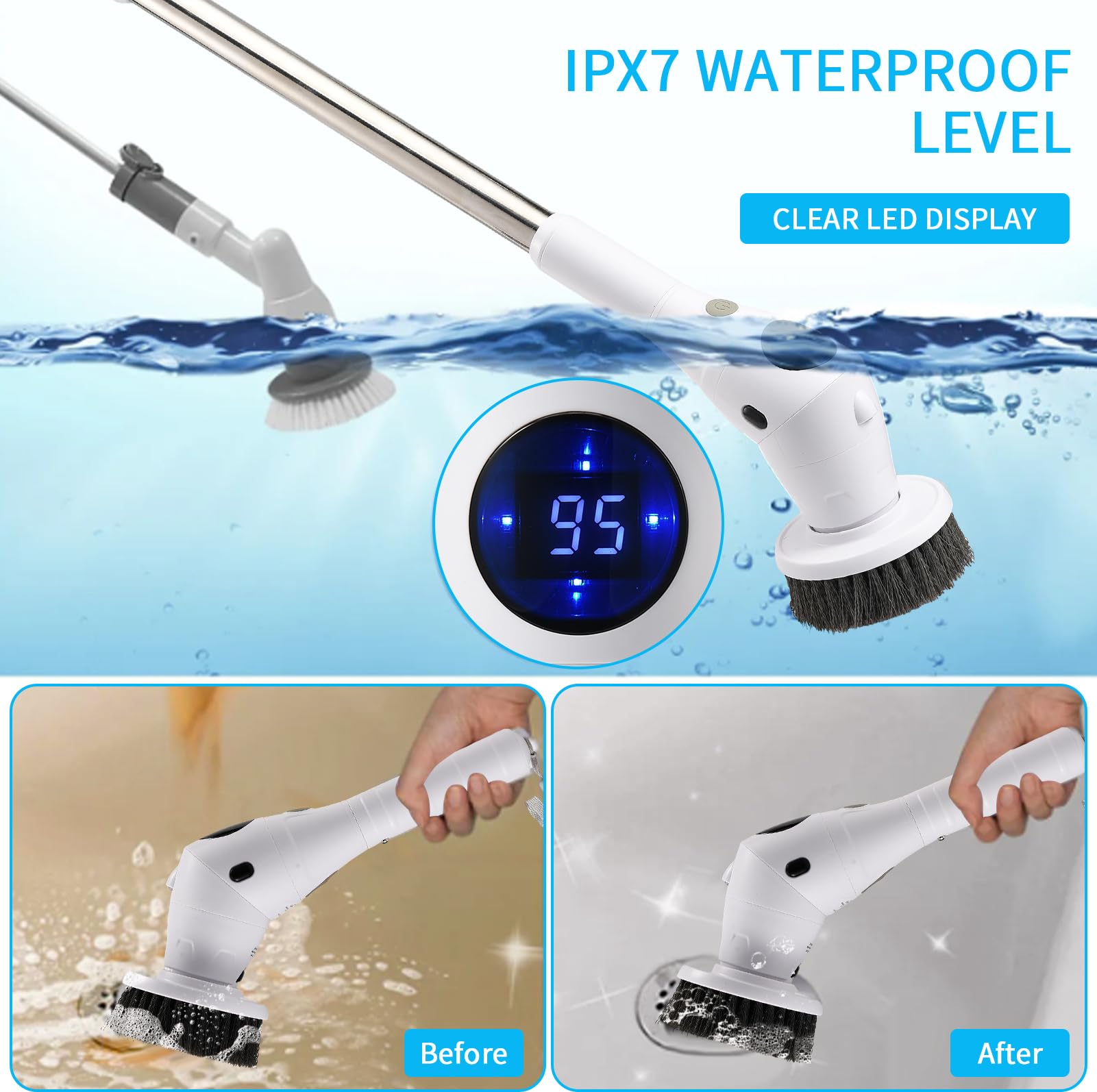 Brosse électrique rotative sans fil pour baignoire avec 8 têtes de brosse remplaçables, brosse de nettoyage électrique avec poignée d'extension réglable pour salle de bain, sol, carrelage, baignoire
